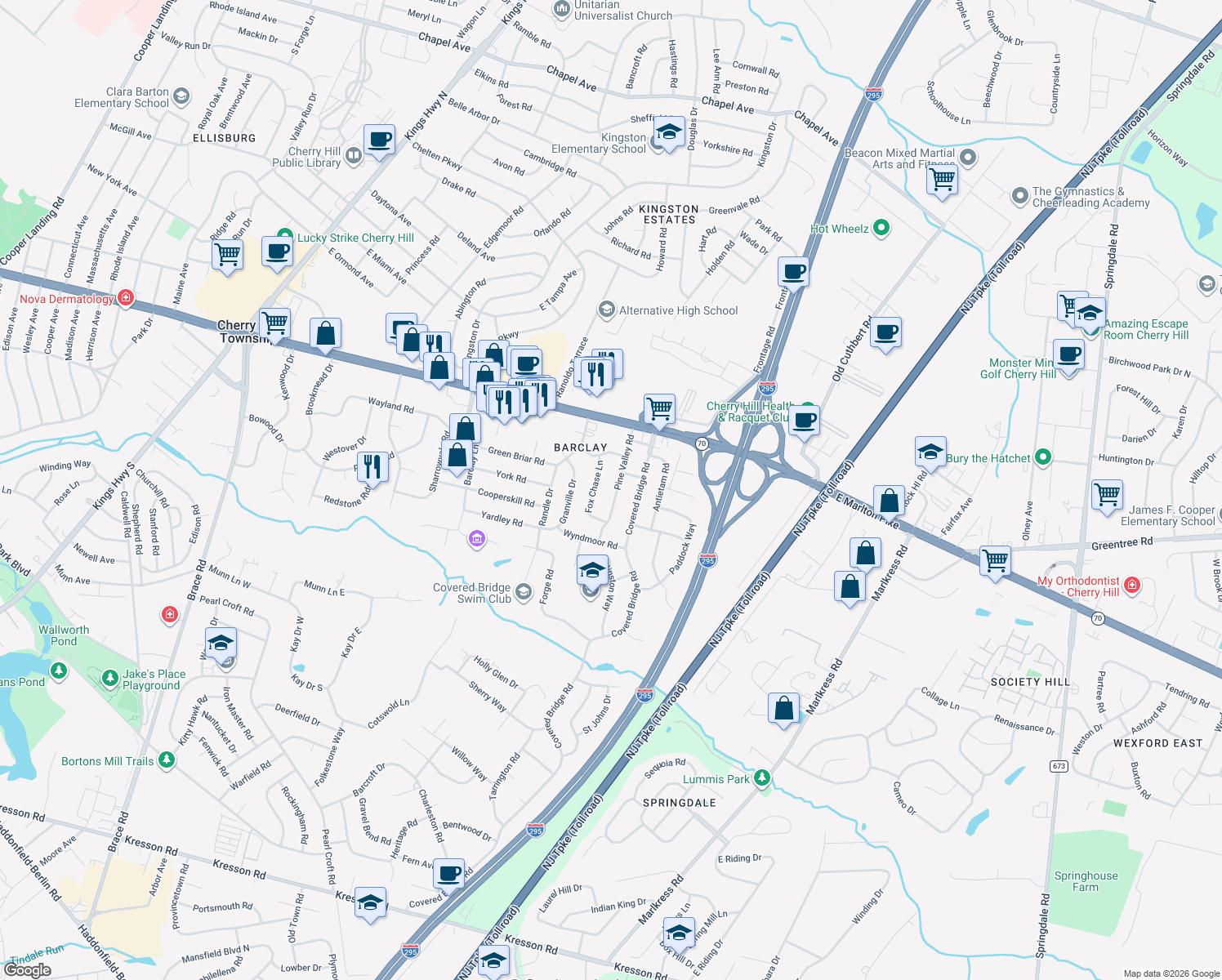 map of restaurants, bars, coffee shops, grocery stores, and more near 120 Pine Valley Road in Cherry Hill
