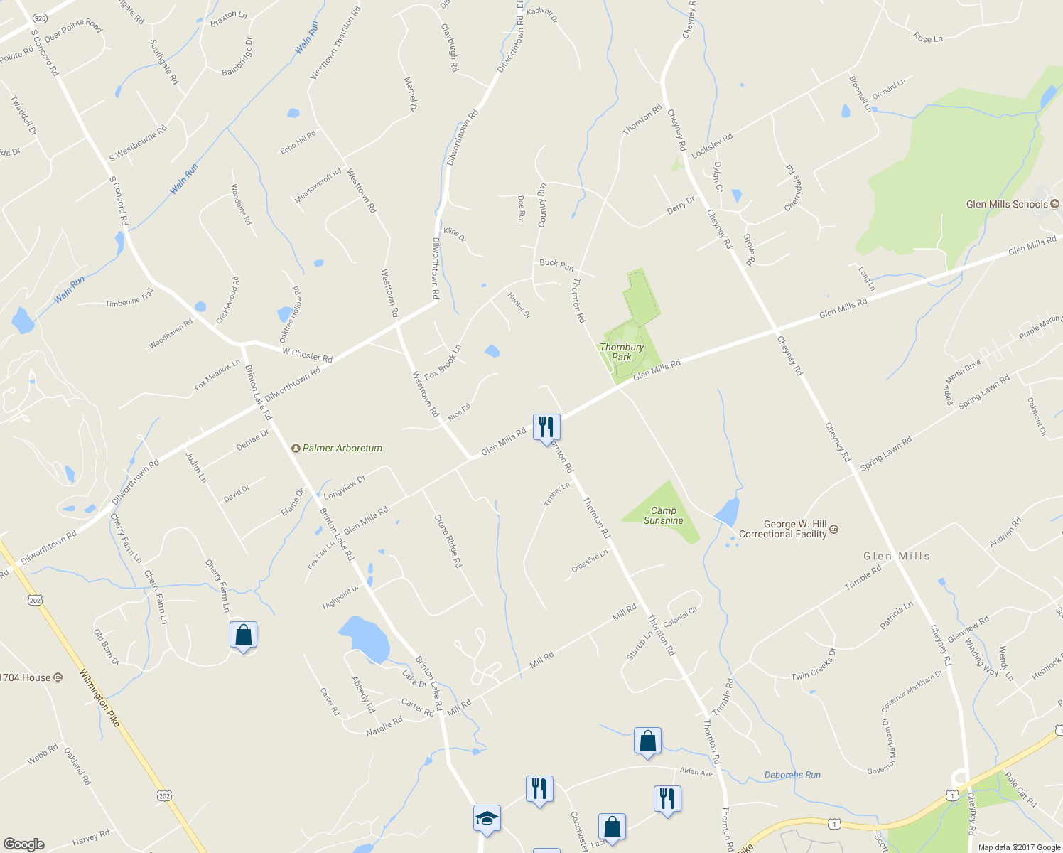 map of restaurants, bars, coffee shops, grocery stores, and more near 382 Glen Mills Road in Thornton
