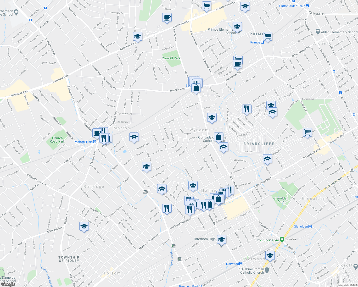 map of restaurants, bars, coffee shops, grocery stores, and more near 738 Hickory Road in Delaware County