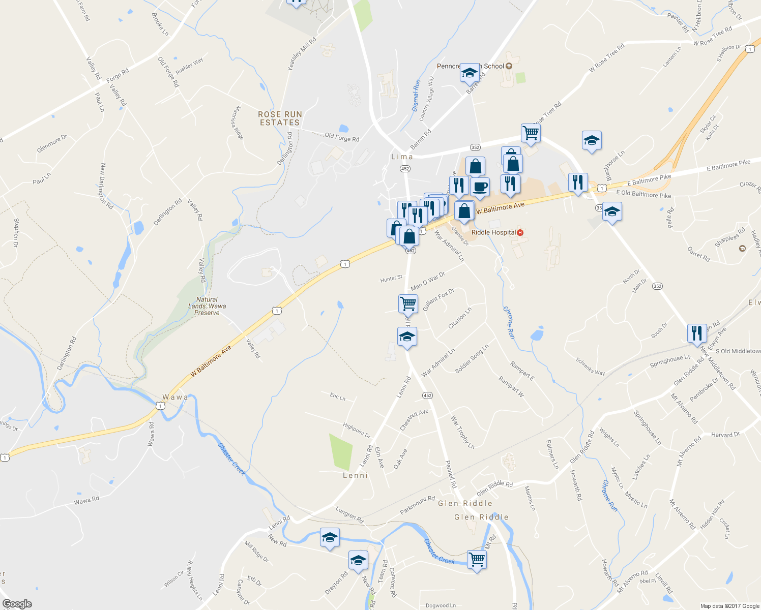 map of restaurants, bars, coffee shops, grocery stores, and more near 19 Overlook Circle in Media