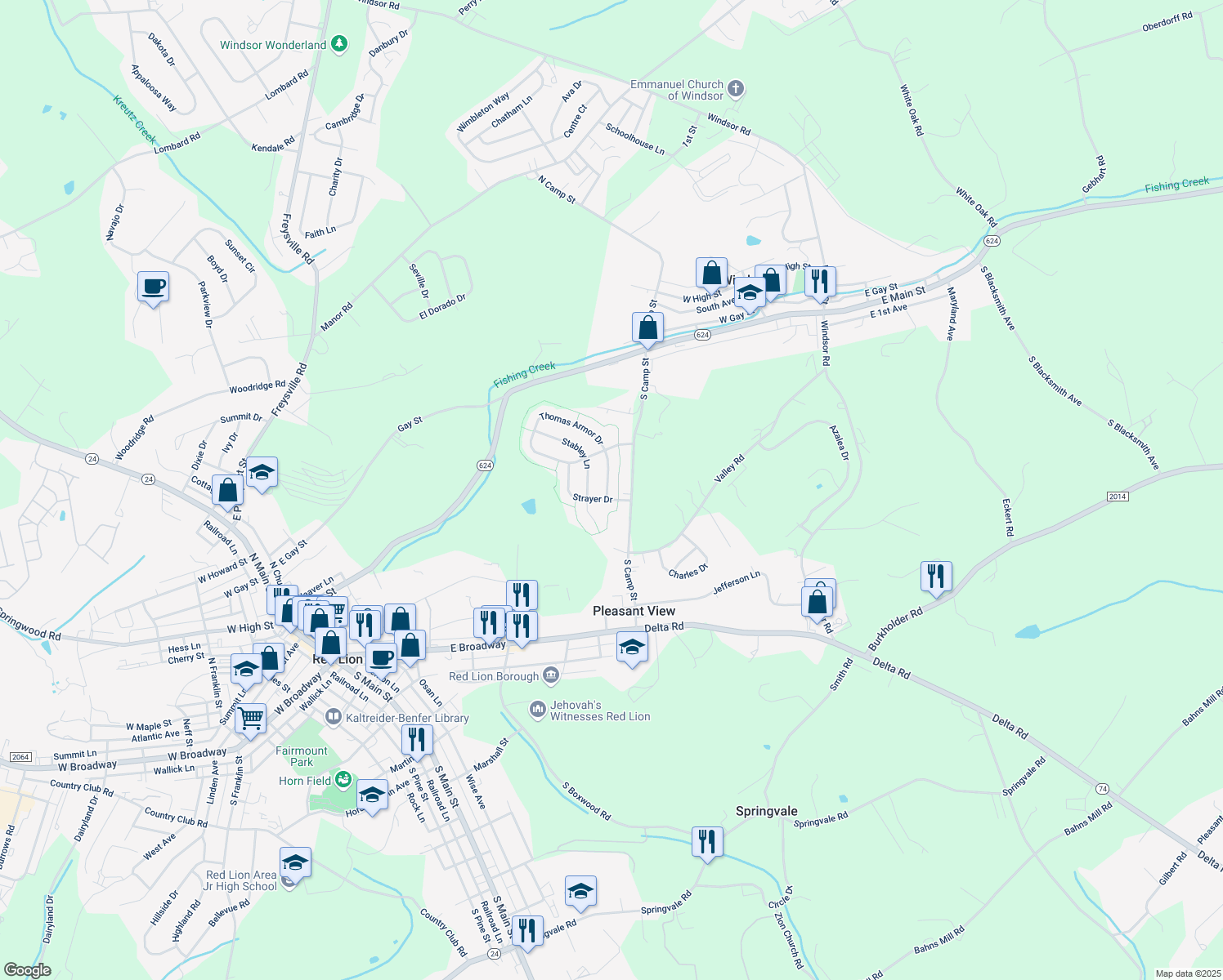 map of restaurants, bars, coffee shops, grocery stores, and more near 865 Thomas Armor Drive in Windsor