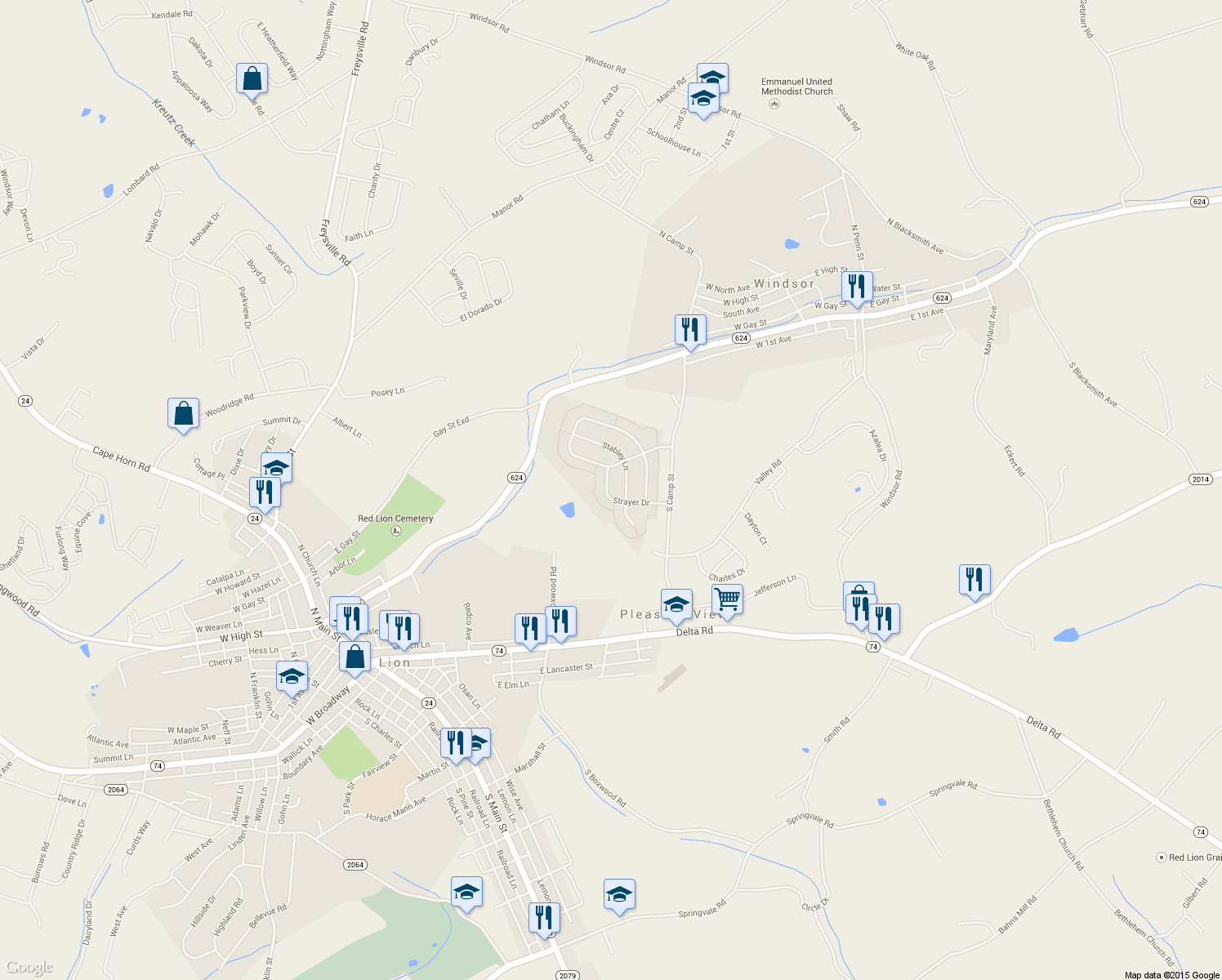 map of restaurants, bars, coffee shops, grocery stores, and more near 680 Strayer Drive in Windsor