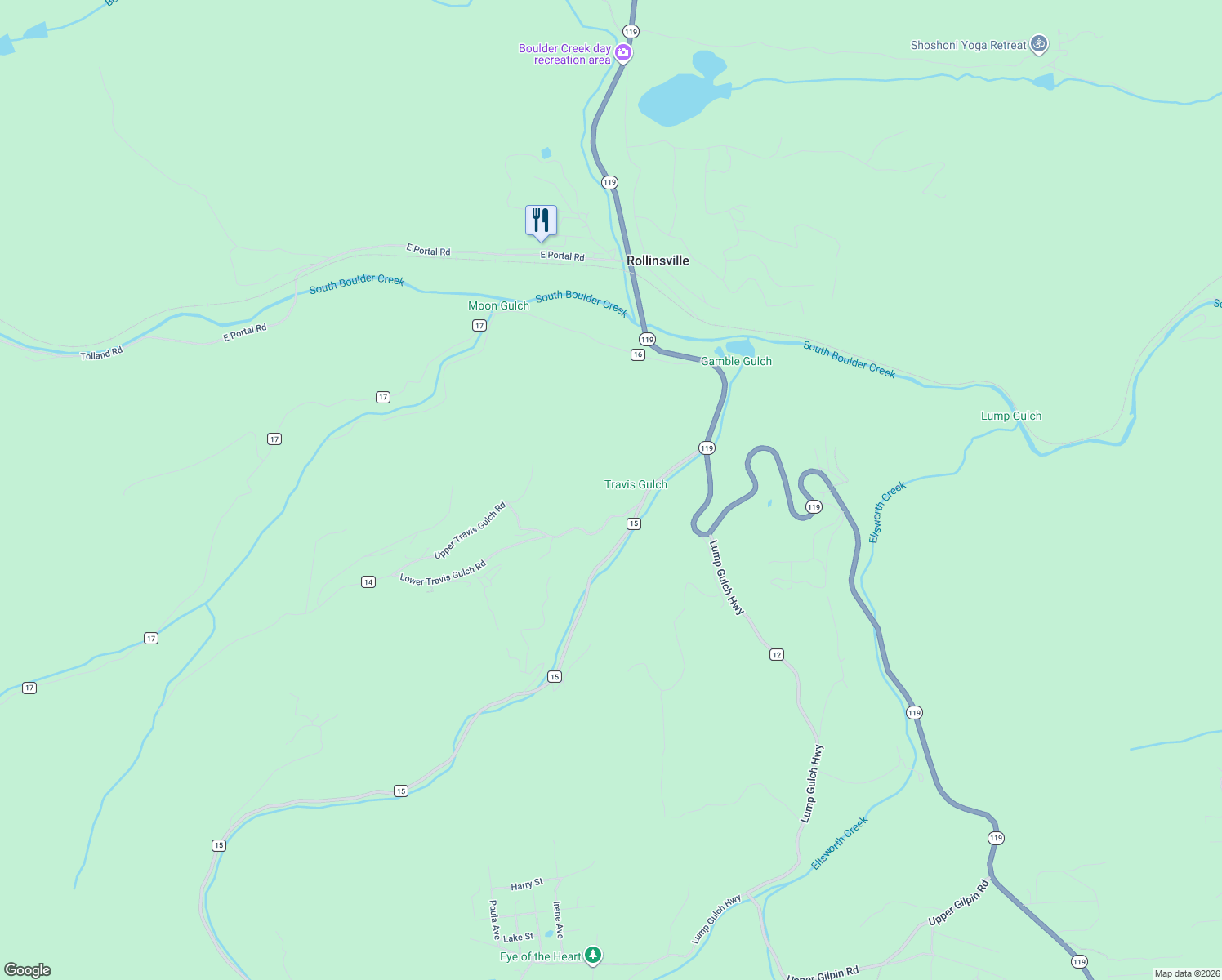 map of restaurants, bars, coffee shops, grocery stores, and more near 207 Lower Travis Gulch Road in Black Hawk