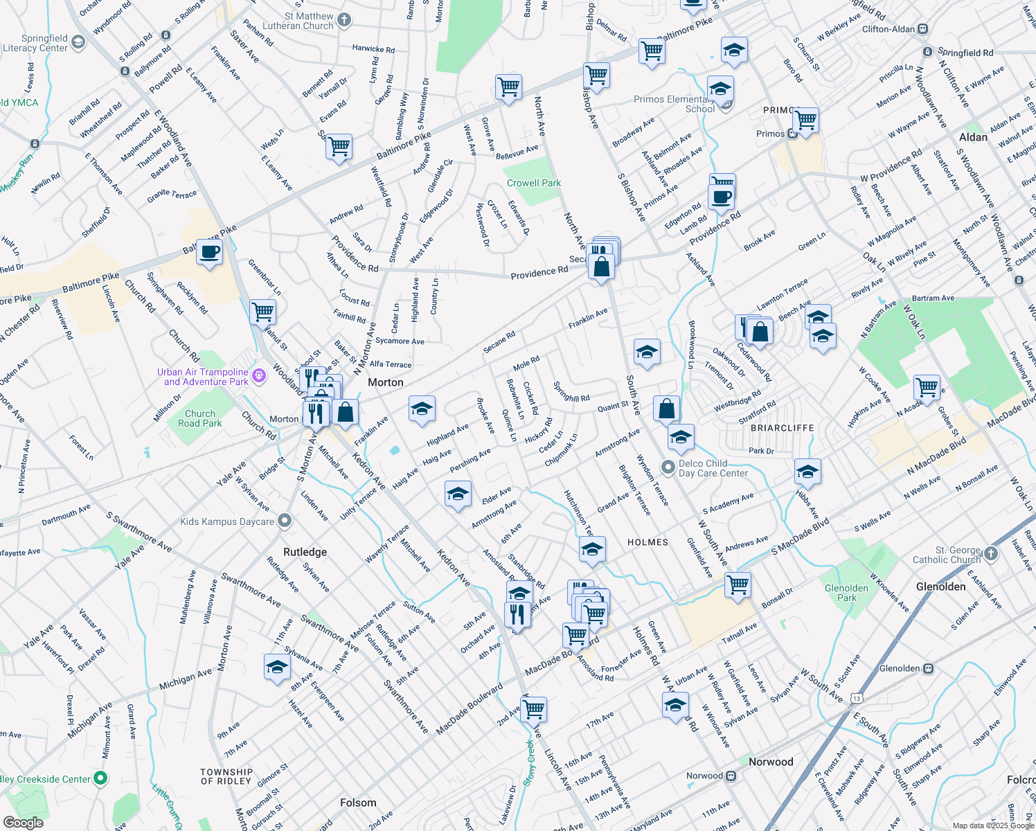 map of restaurants, bars, coffee shops, grocery stores, and more near 825 Bobwhite Lane in Delaware County