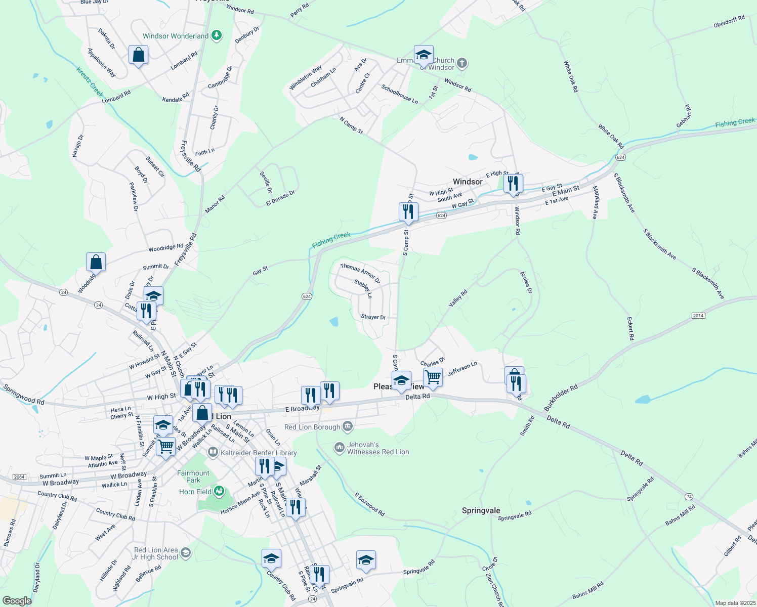 map of restaurants, bars, coffee shops, grocery stores, and more near 820 Thomas Armor Drive in Windsor