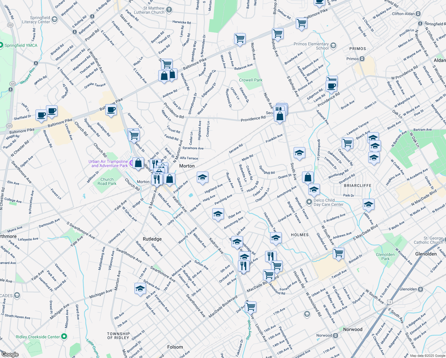 map of restaurants, bars, coffee shops, grocery stores, and more near 2236 Martin Lane in Morton