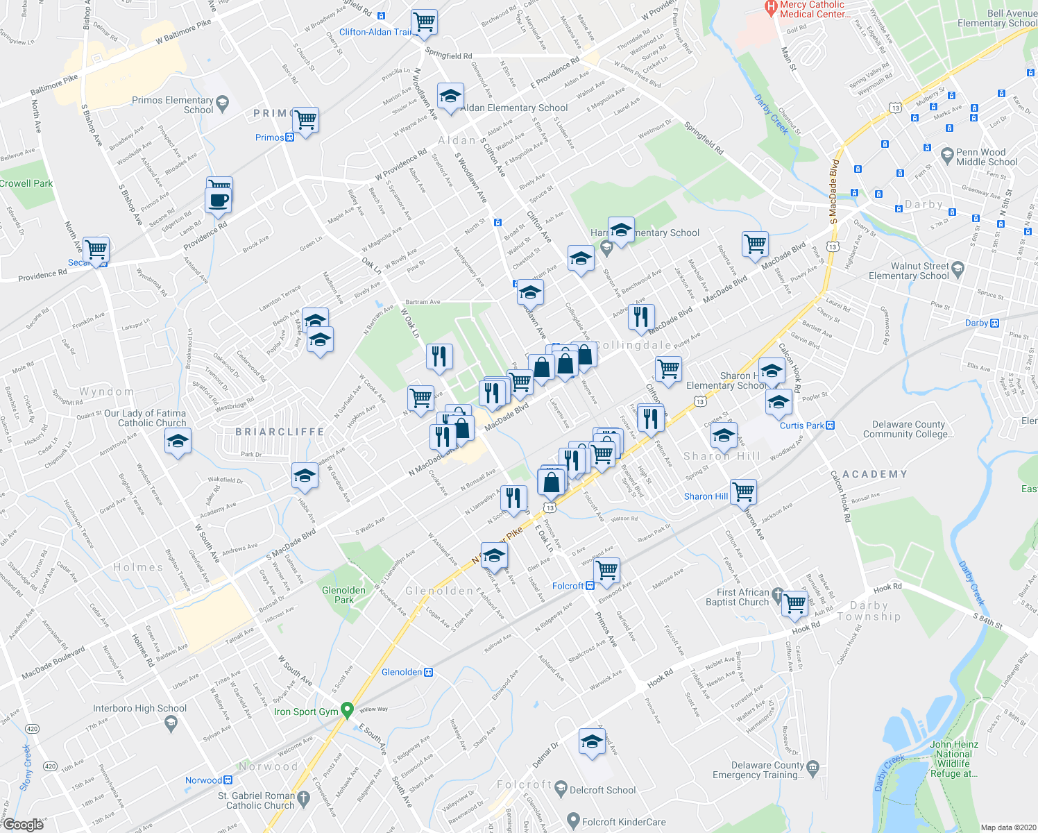 map of restaurants, bars, coffee shops, grocery stores, and more near 1212 Macdade Boulevard in Collingdale