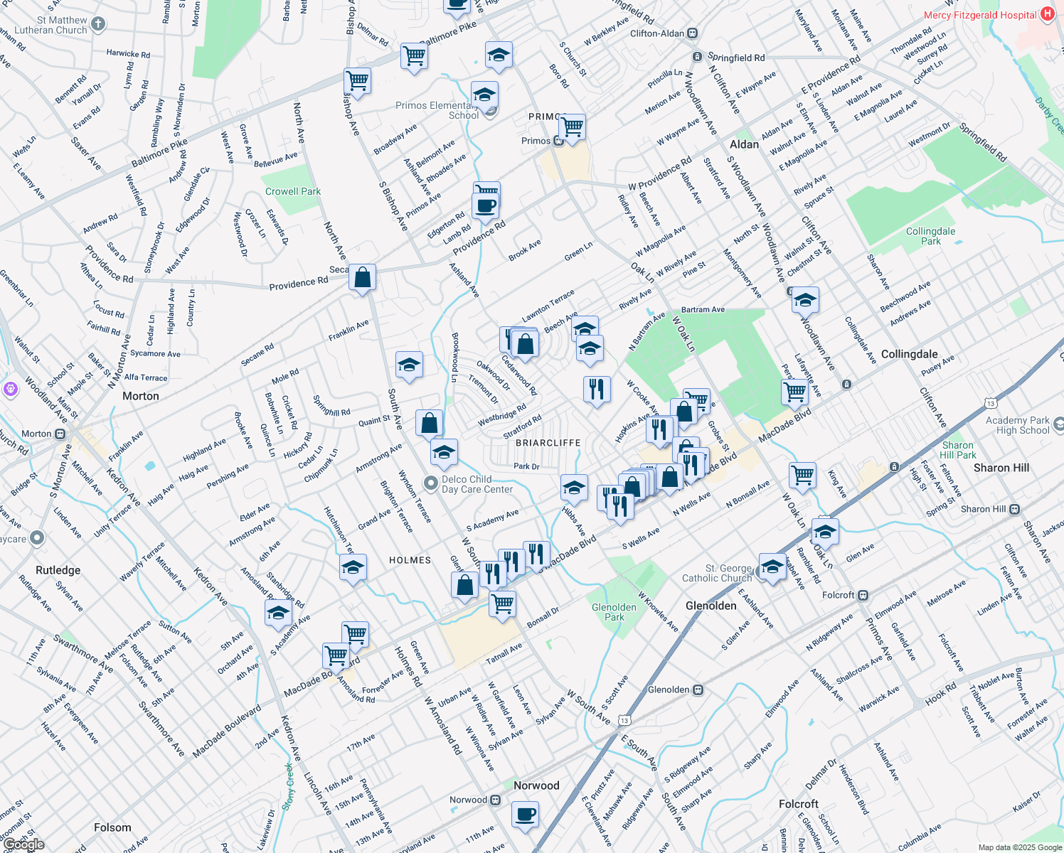 map of restaurants, bars, coffee shops, grocery stores, and more near 217 Stratford Road in Glenolden