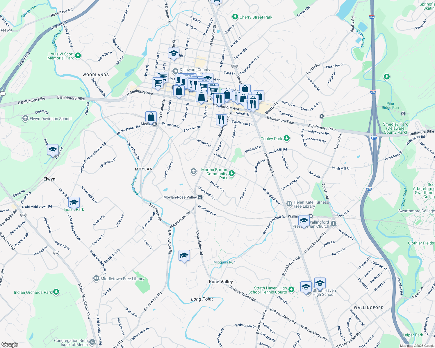 map of restaurants, bars, coffee shops, grocery stores, and more near 115 Ronaldson Street in Media