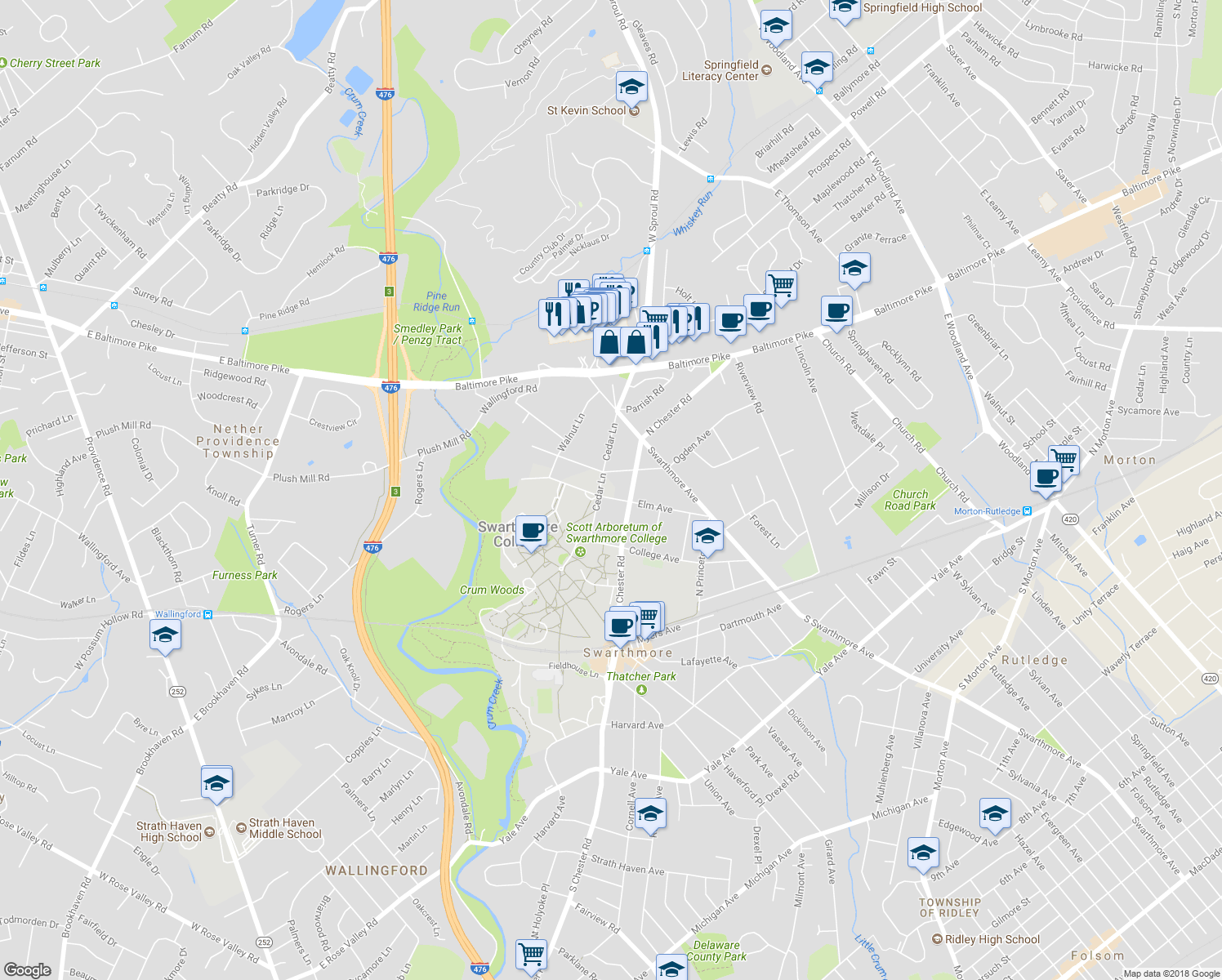 map of restaurants, bars, coffee shops, grocery stores, and more near 409 Elm Avenue in Swarthmore