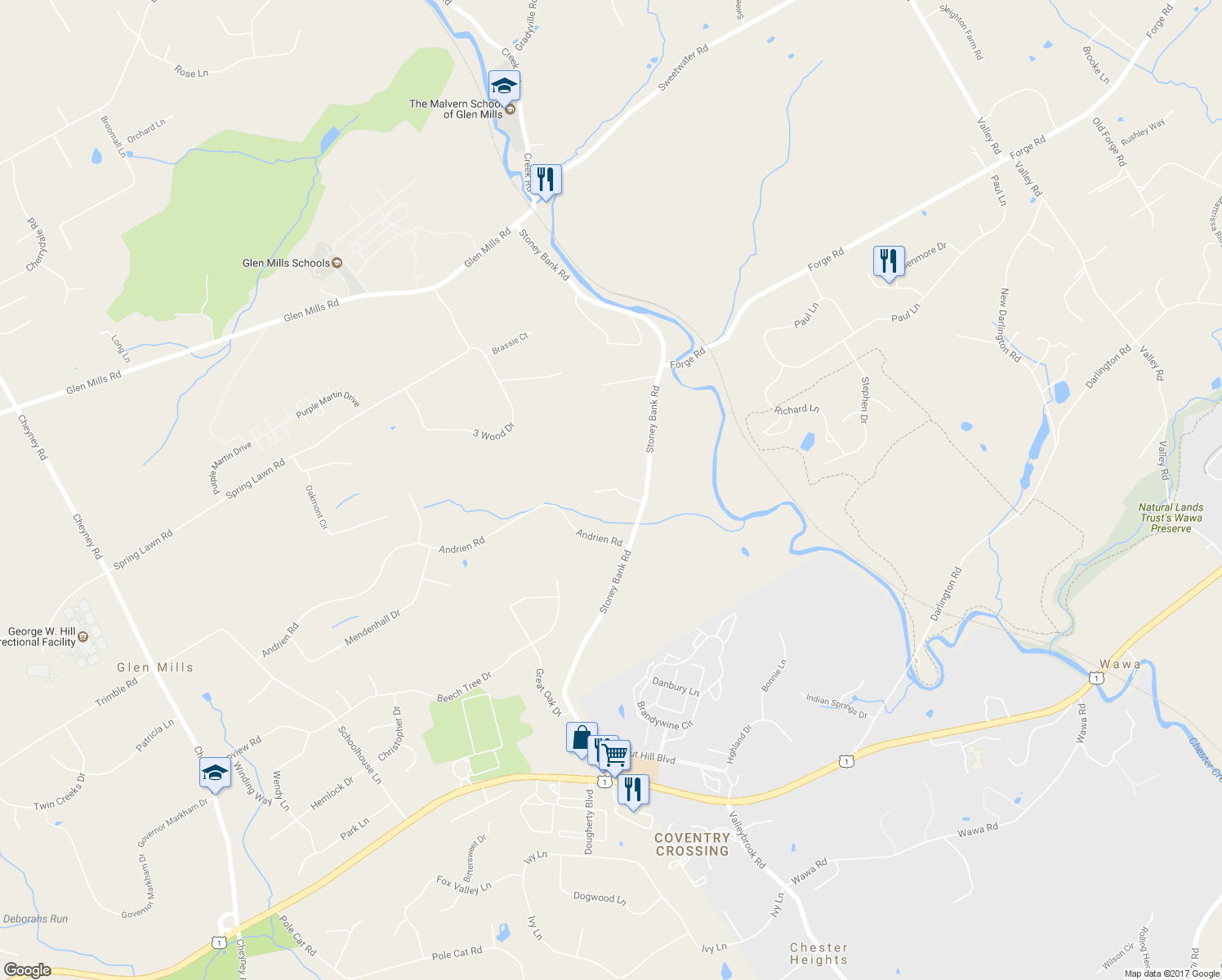 map of restaurants, bars, coffee shops, grocery stores, and more near 15 Stony Hill Ln in Glen Mills