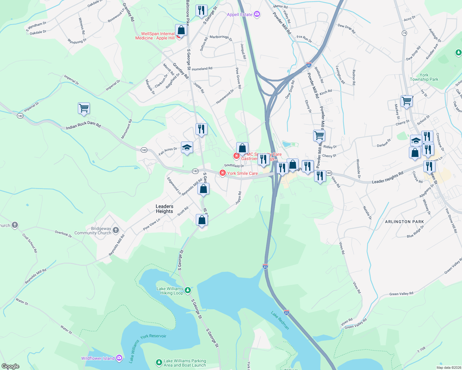 map of restaurants, bars, coffee shops, grocery stores, and more near 2609 Skylark Drive in York
