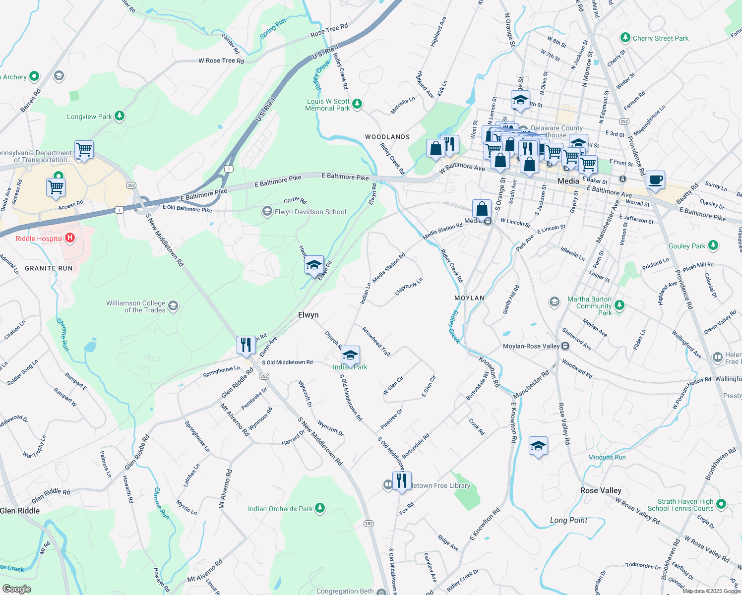 map of restaurants, bars, coffee shops, grocery stores, and more near 3 Chipmunk Lane in Media