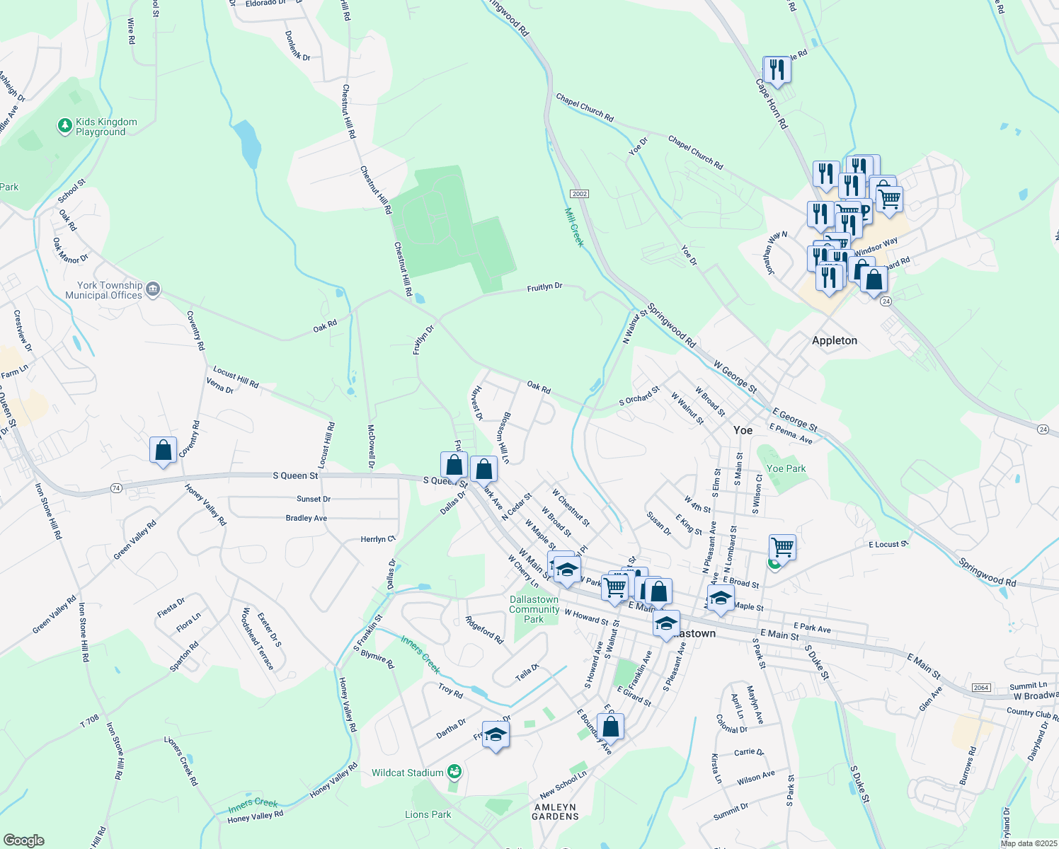 map of restaurants, bars, coffee shops, grocery stores, and more near 759 Blossom Hill Lane in Dallastown