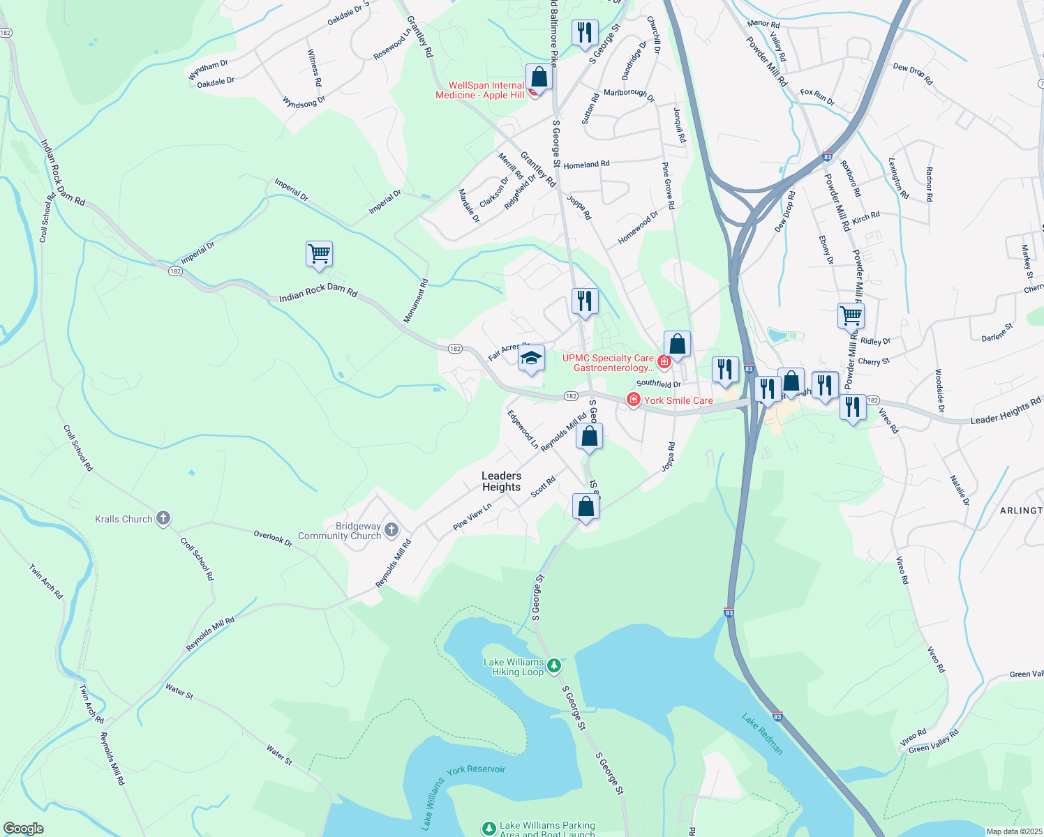 map of restaurants, bars, coffee shops, grocery stores, and more near 2531 Edgewood Lane in York