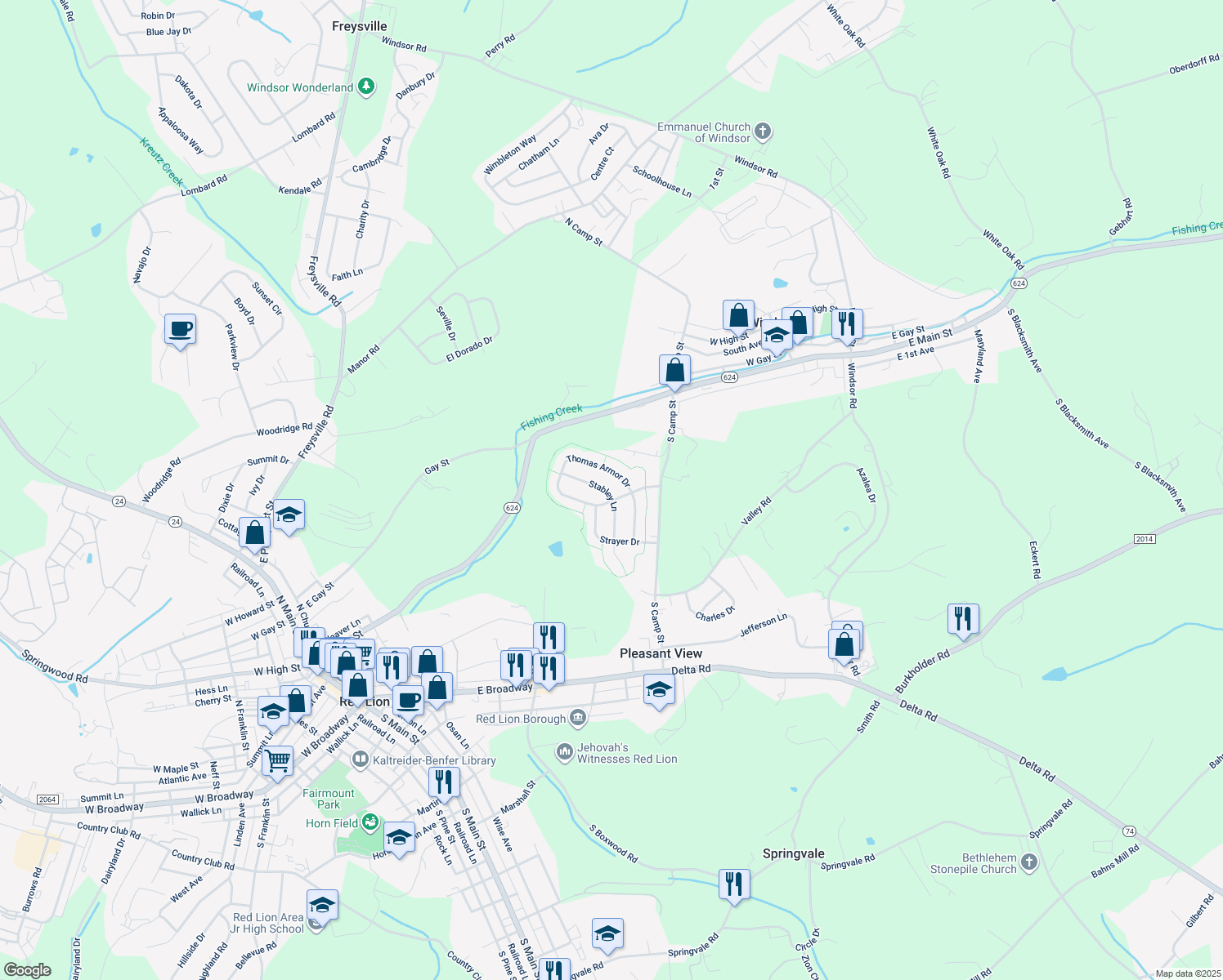 map of restaurants, bars, coffee shops, grocery stores, and more near 325 Stabley Lane in Windsor