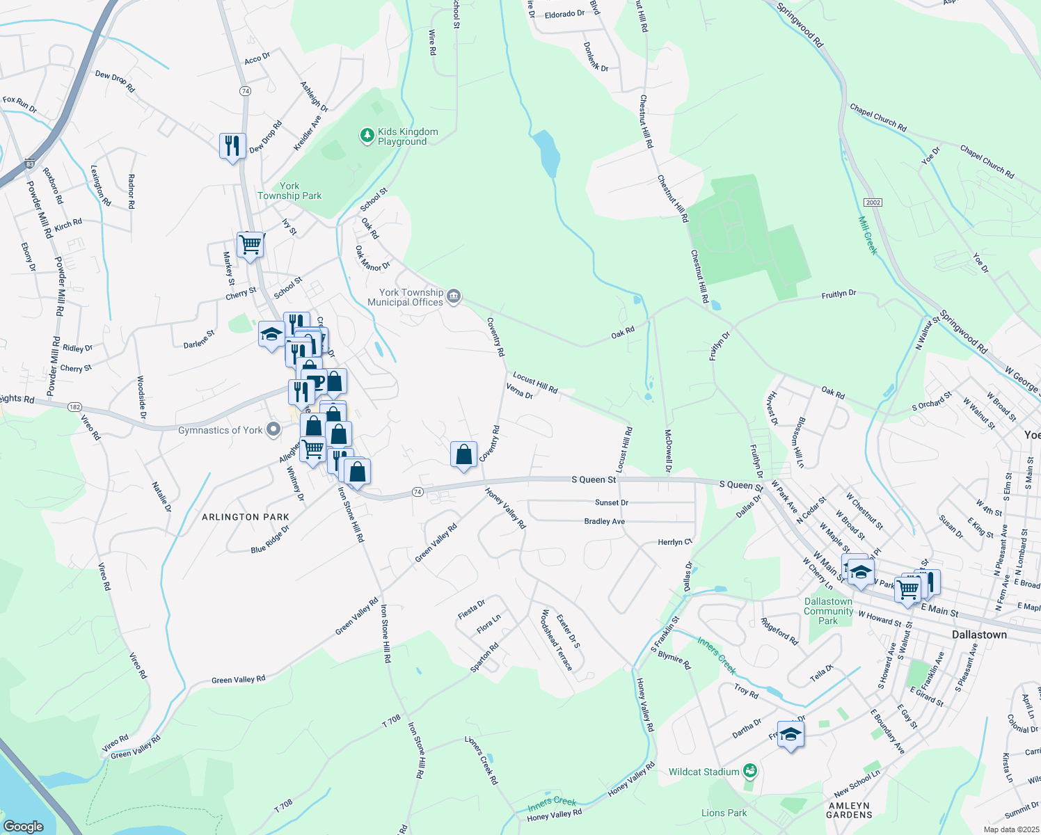 map of restaurants, bars, coffee shops, grocery stores, and more near 67 Belmar Drive in Dallastown