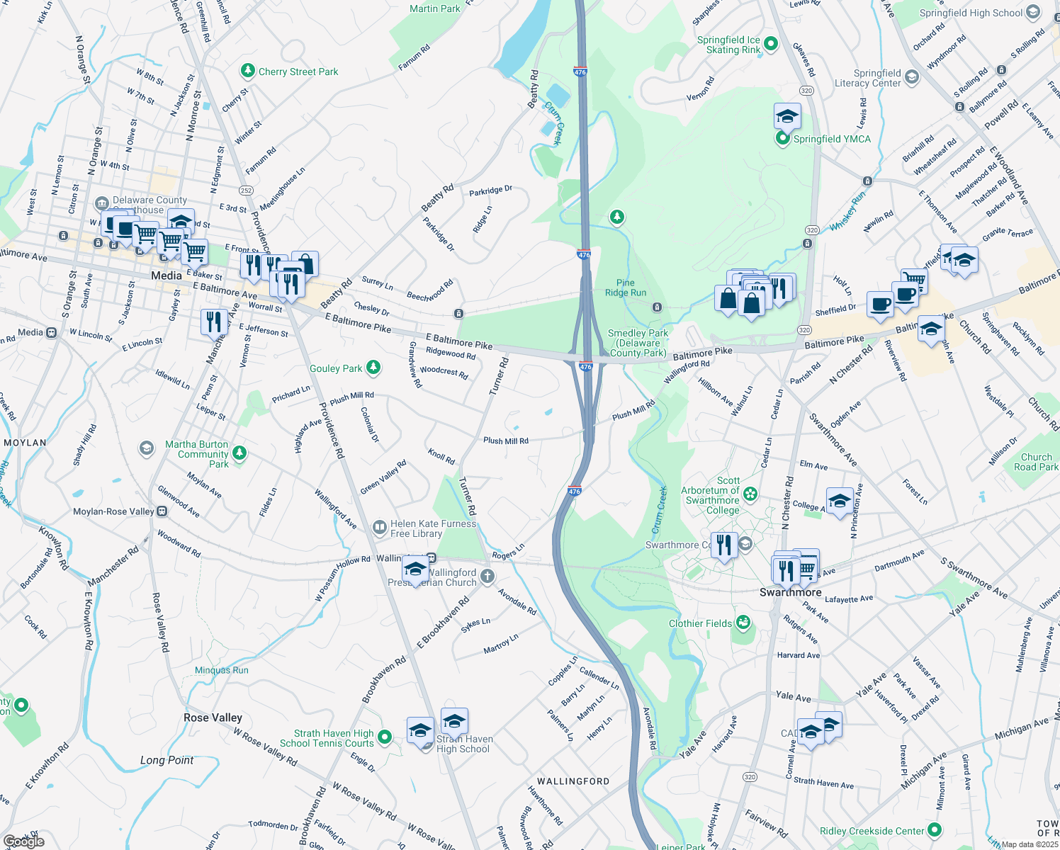 map of restaurants, bars, coffee shops, grocery stores, and more near 335 Plush Mill Road in Nether Providence Township