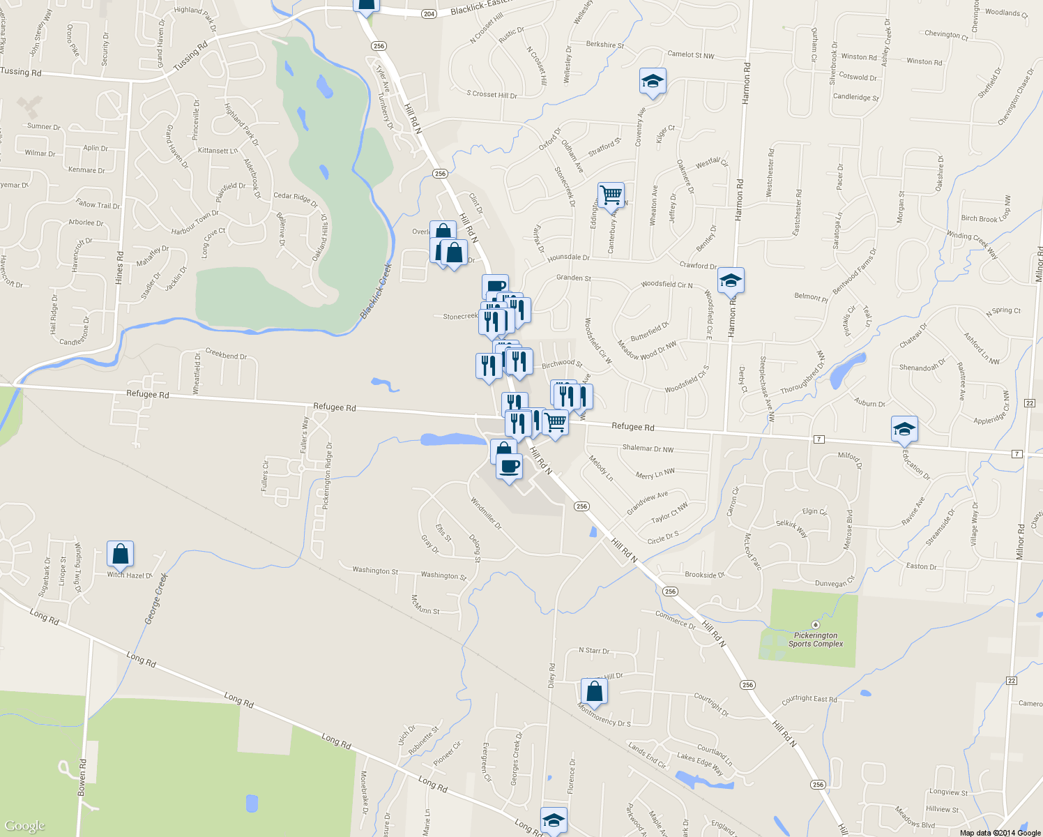map of restaurants, bars, coffee shops, grocery stores, and more near Rte 256 & Refugee Rd in Pickerington