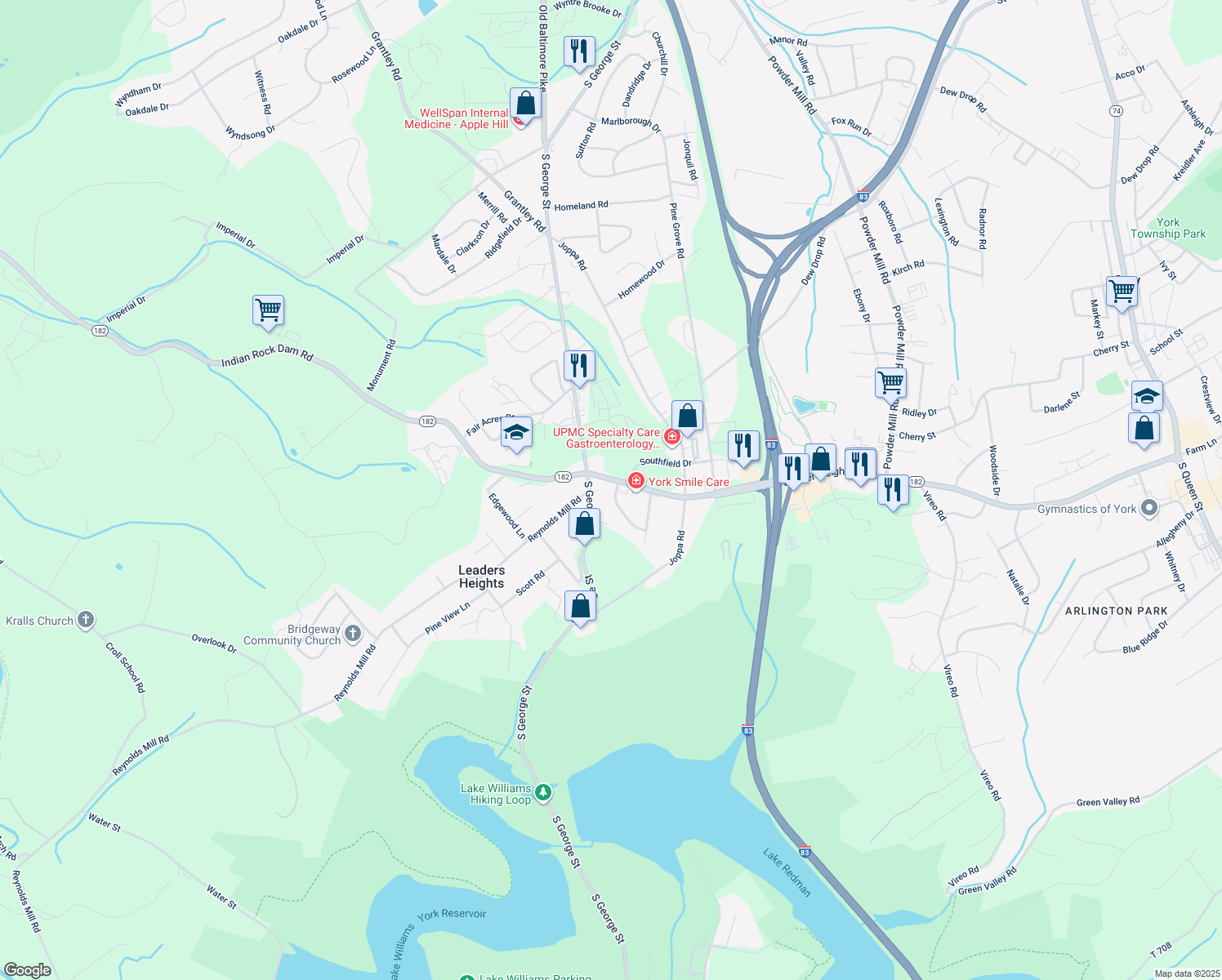 map of restaurants, bars, coffee shops, grocery stores, and more near 2604 Wren Terrace in York