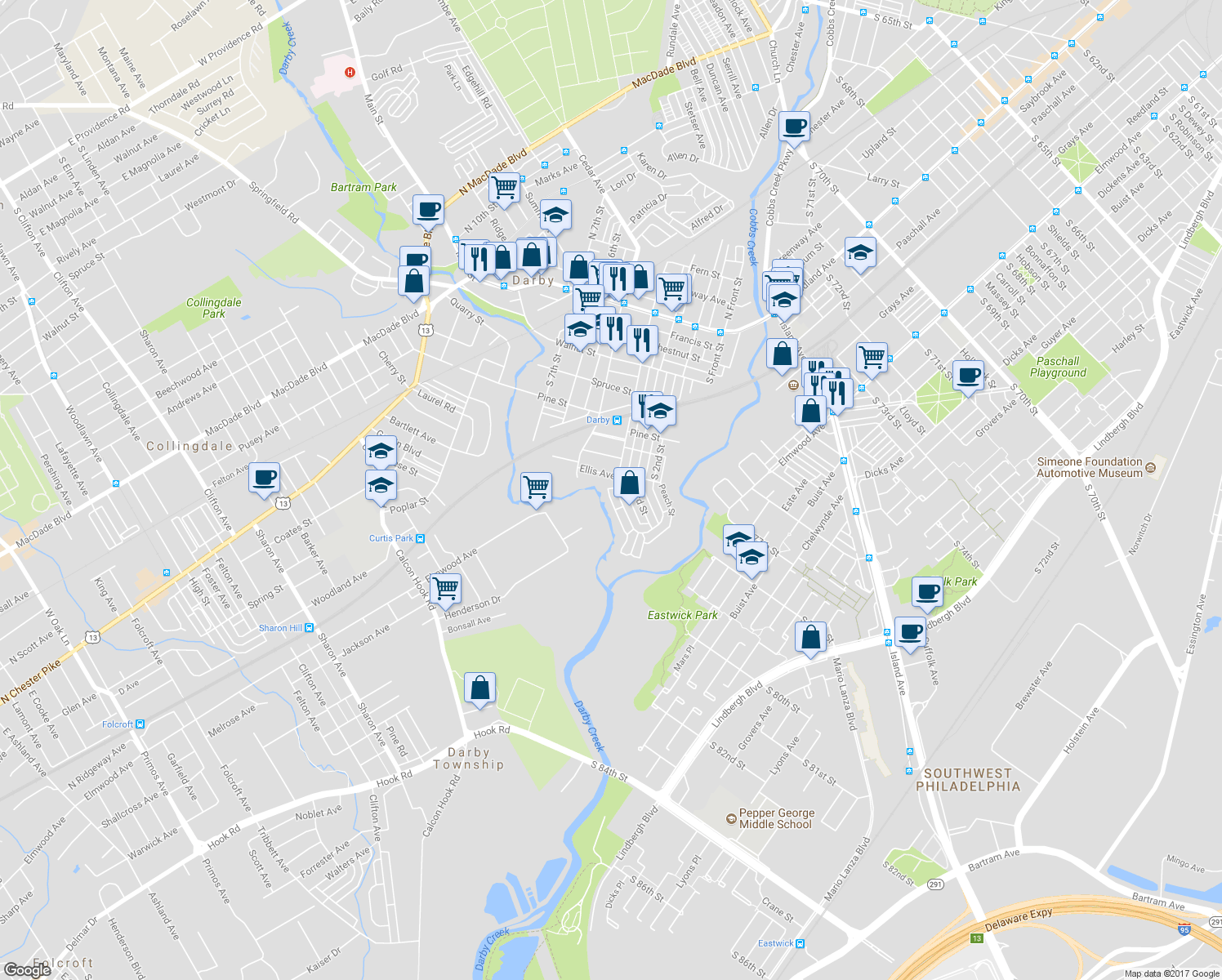 map of restaurants, bars, coffee shops, grocery stores, and more near 512 South 4th Street in Darby