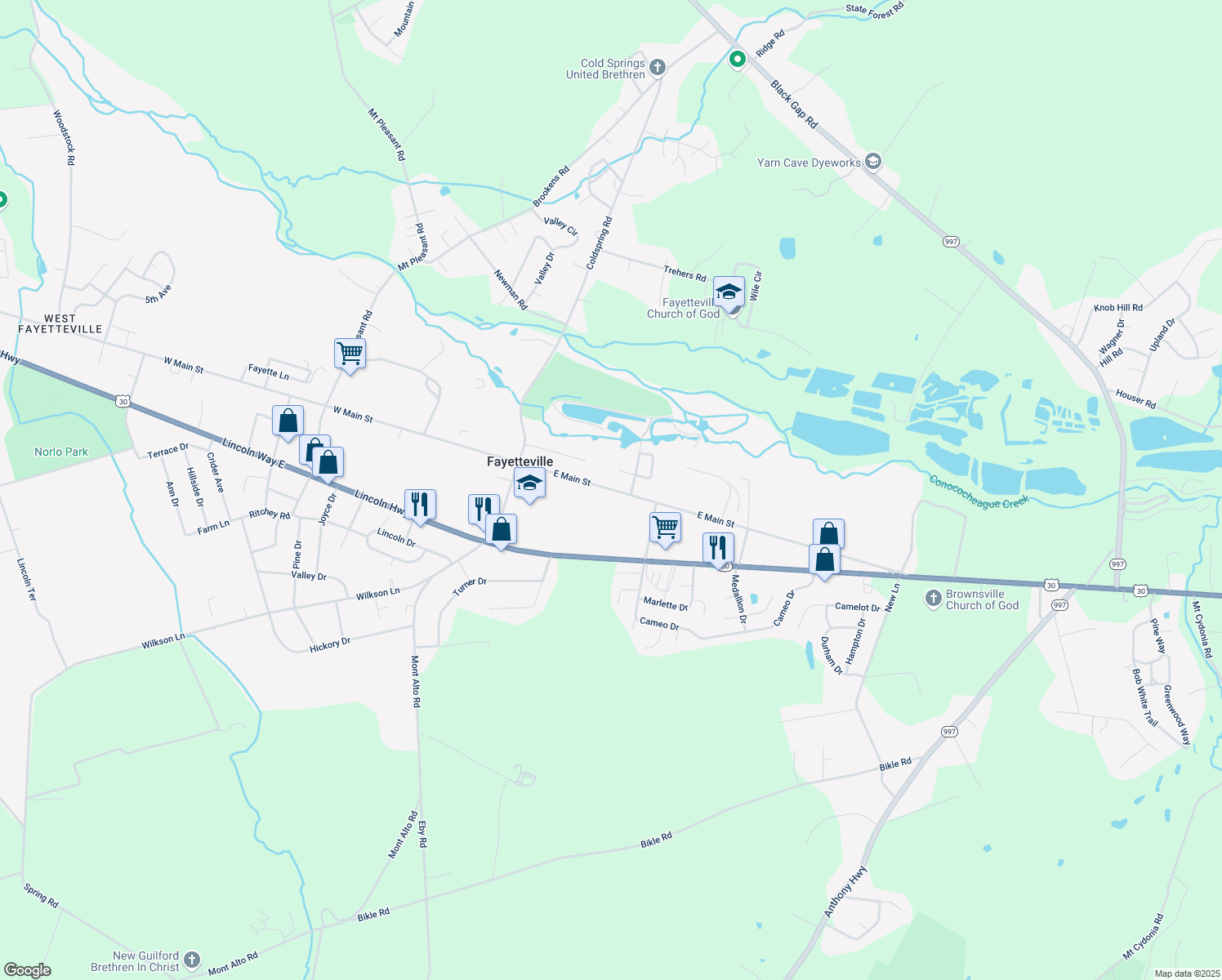 map of restaurants, bars, coffee shops, grocery stores, and more near 64 East Main Street in Fayetteville