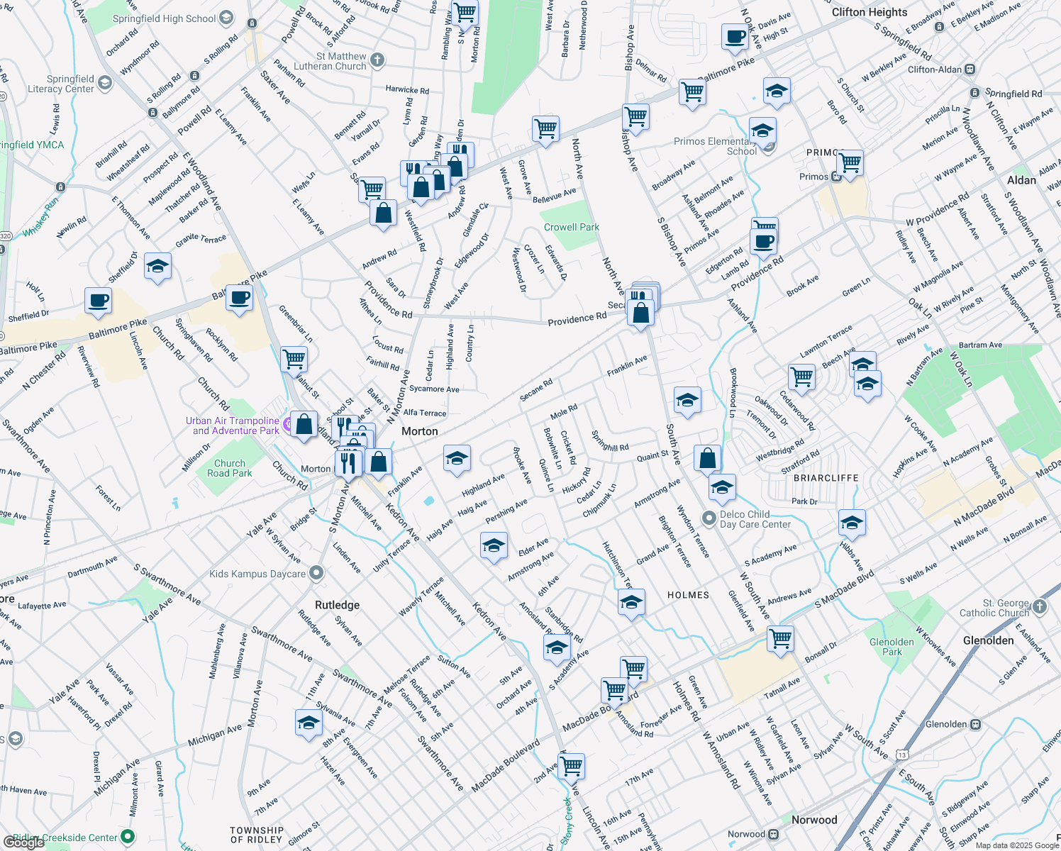 map of restaurants, bars, coffee shops, grocery stores, and more near 888 Quince Ln in Clifton Heights