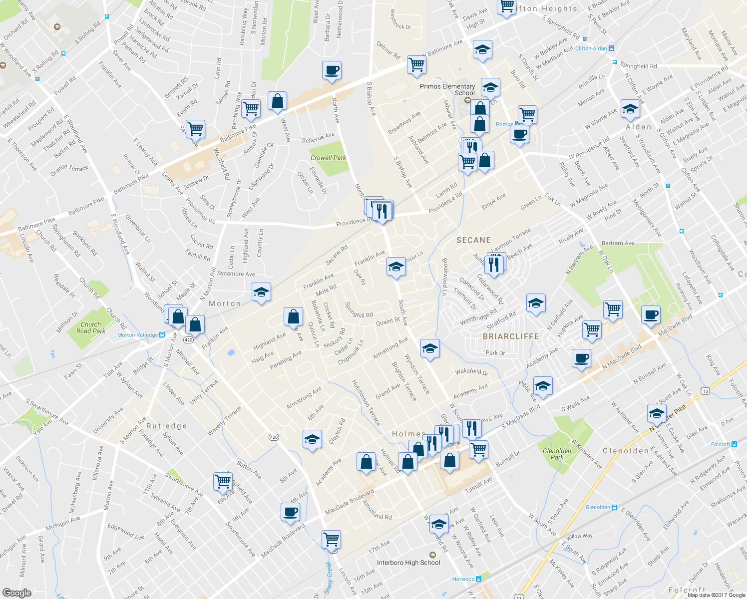 map of restaurants, bars, coffee shops, grocery stores, and more near 838 Wyndom Terrace in Secane