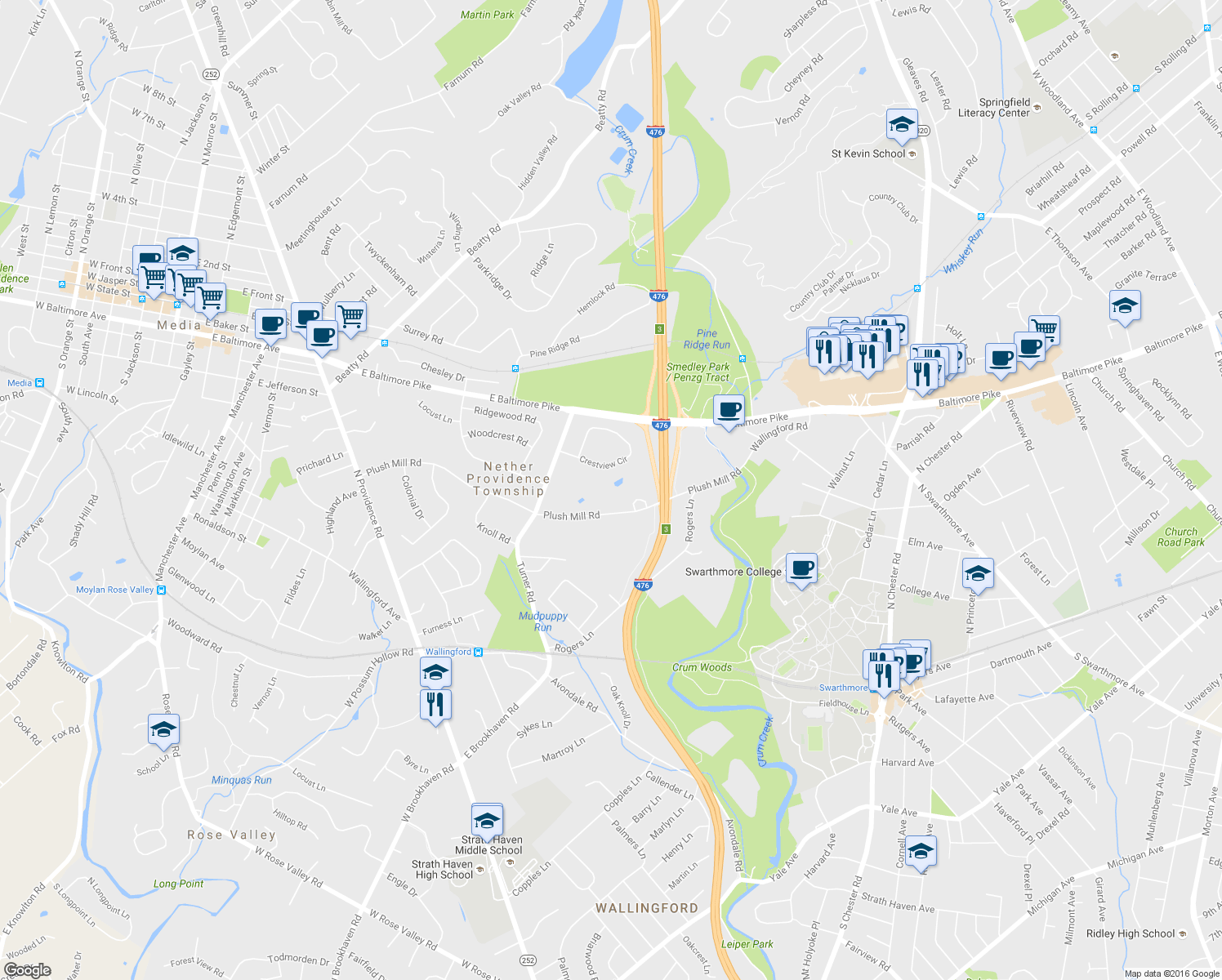 map of restaurants, bars, coffee shops, grocery stores, and more near 332 Crestview Circle in Media