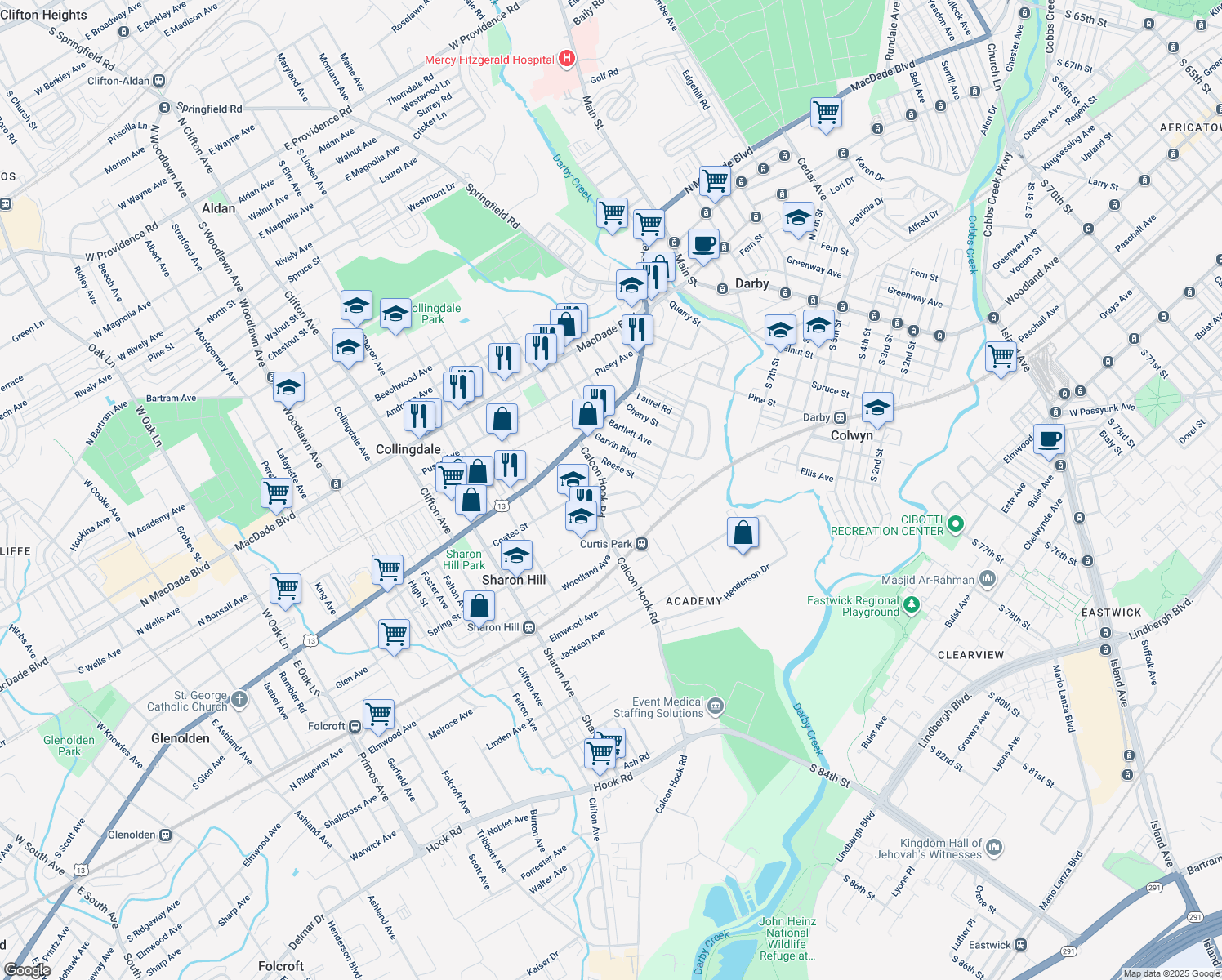 map of restaurants, bars, coffee shops, grocery stores, and more near 746 Eggleston Circle in Sharon Hill