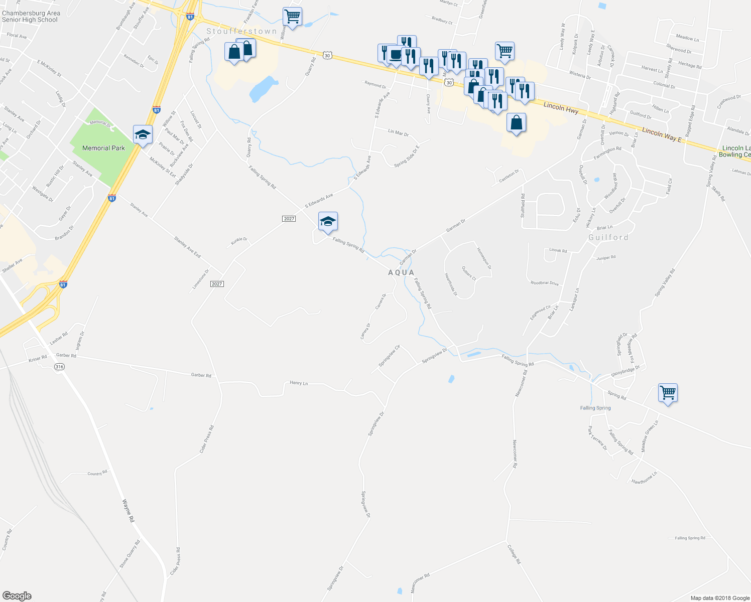 map of restaurants, bars, coffee shops, grocery stores, and more near 1944 Carrera Drive in Chambersburg