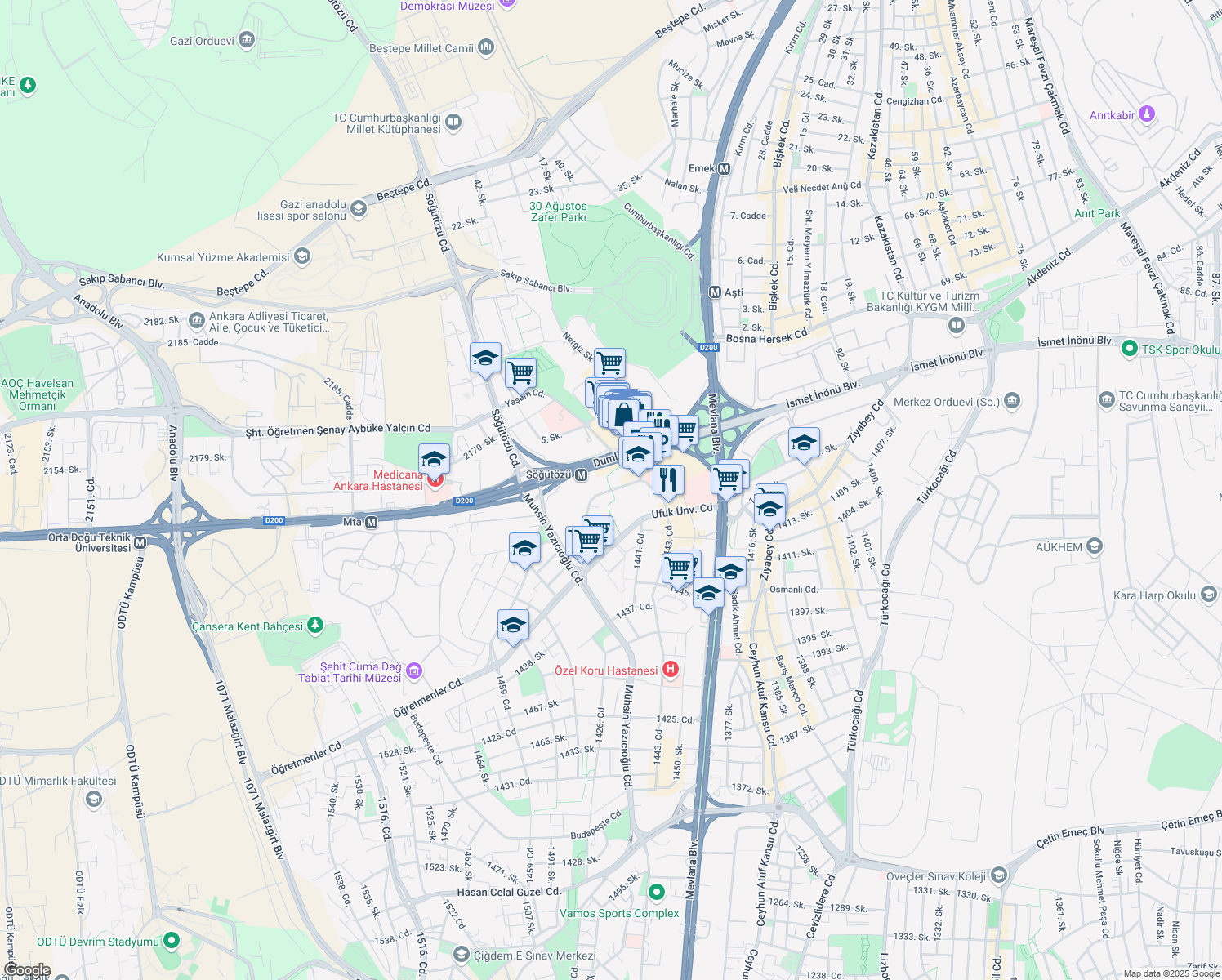 map of restaurants, bars, coffee shops, grocery stores, and more near in Çankaya