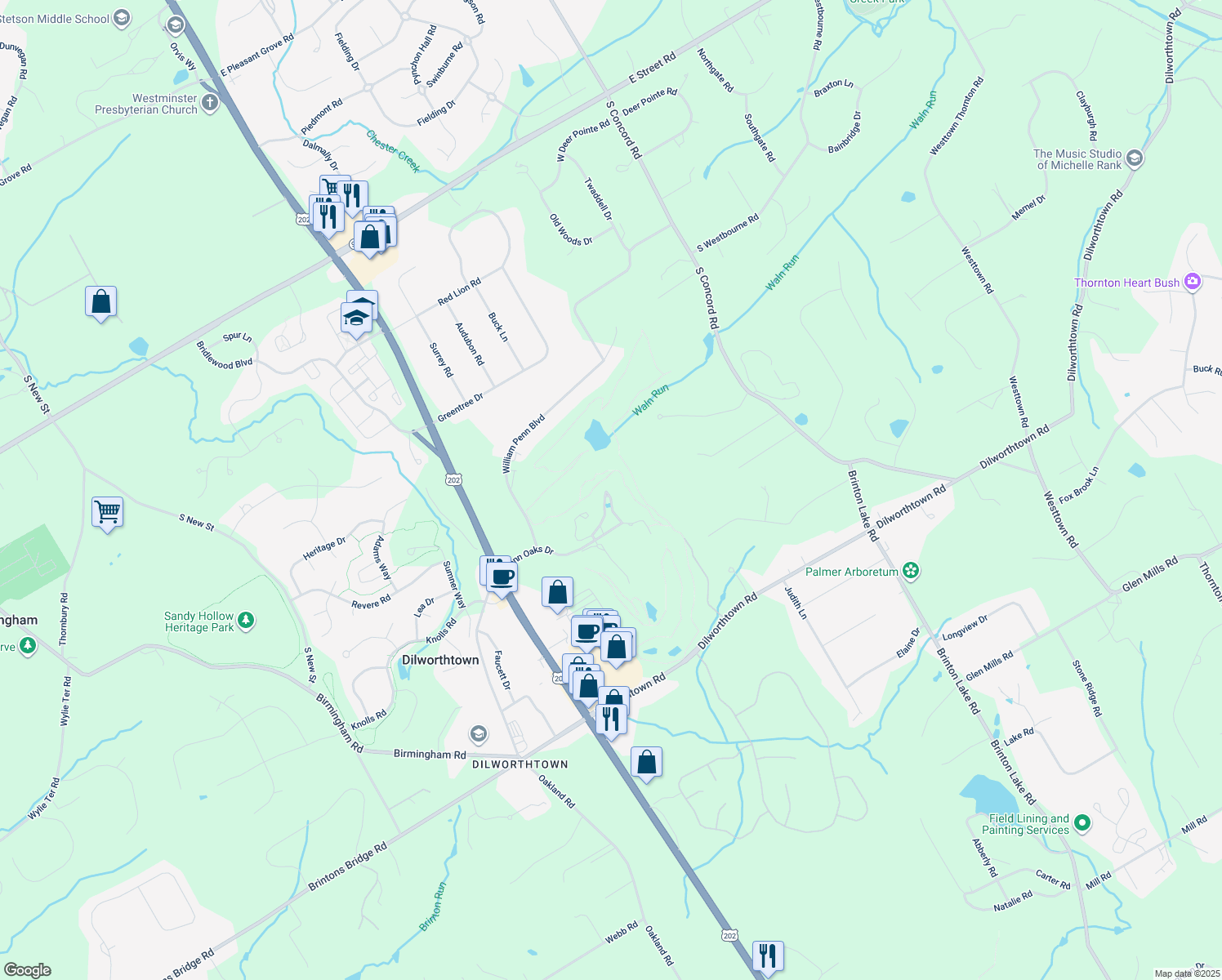 map of restaurants, bars, coffee shops, grocery stores, and more near 304 Greenbriar Dr in West Chester