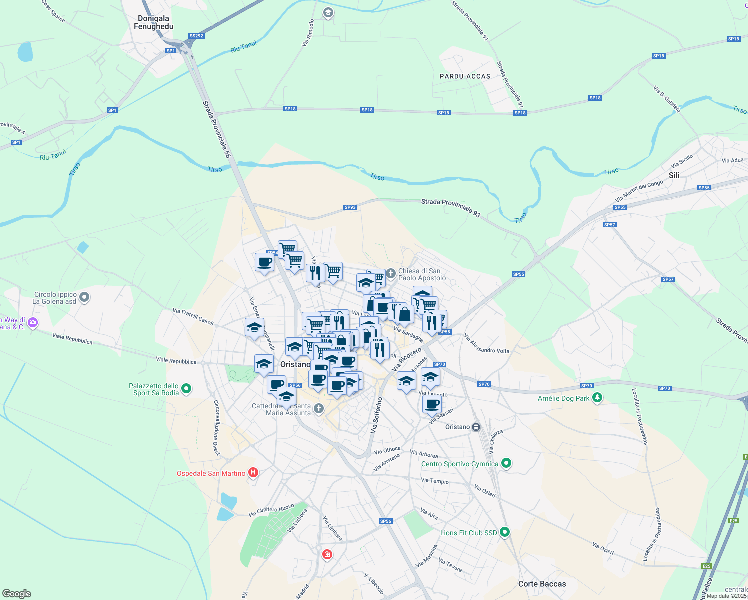 map of restaurants, bars, coffee shops, grocery stores, and more near 112 Via Campania in Oristano