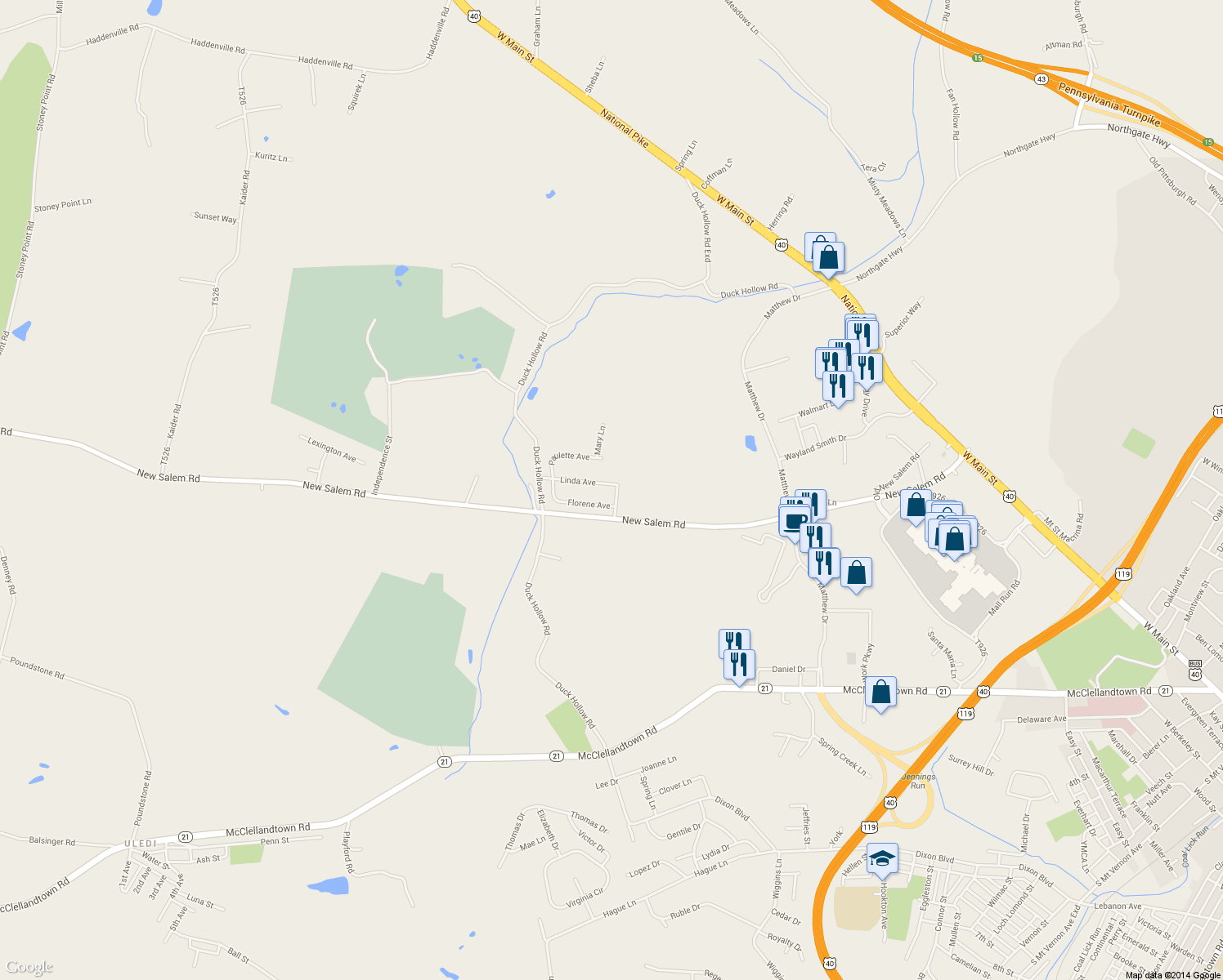 map of restaurants, bars, coffee shops, grocery stores, and more near 263 Linda Ave in Uniontown