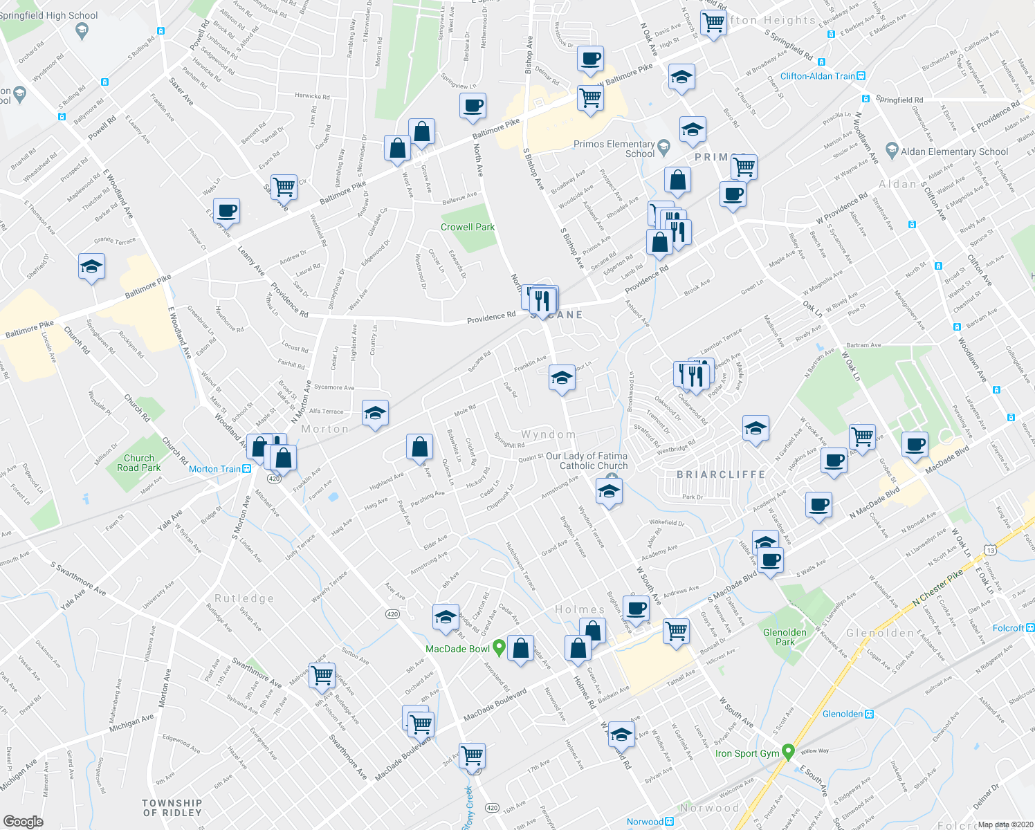 map of restaurants, bars, coffee shops, grocery stores, and more near 933 Dale Road in Delaware County