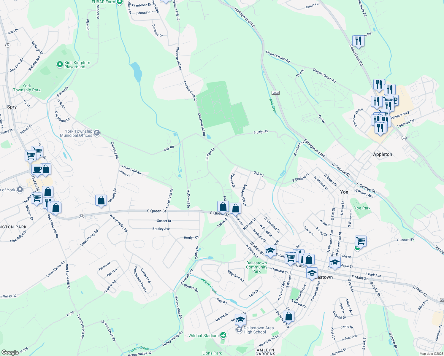 map of restaurants, bars, coffee shops, grocery stores, and more near 114 Fruitlyn Drive in Dallastown