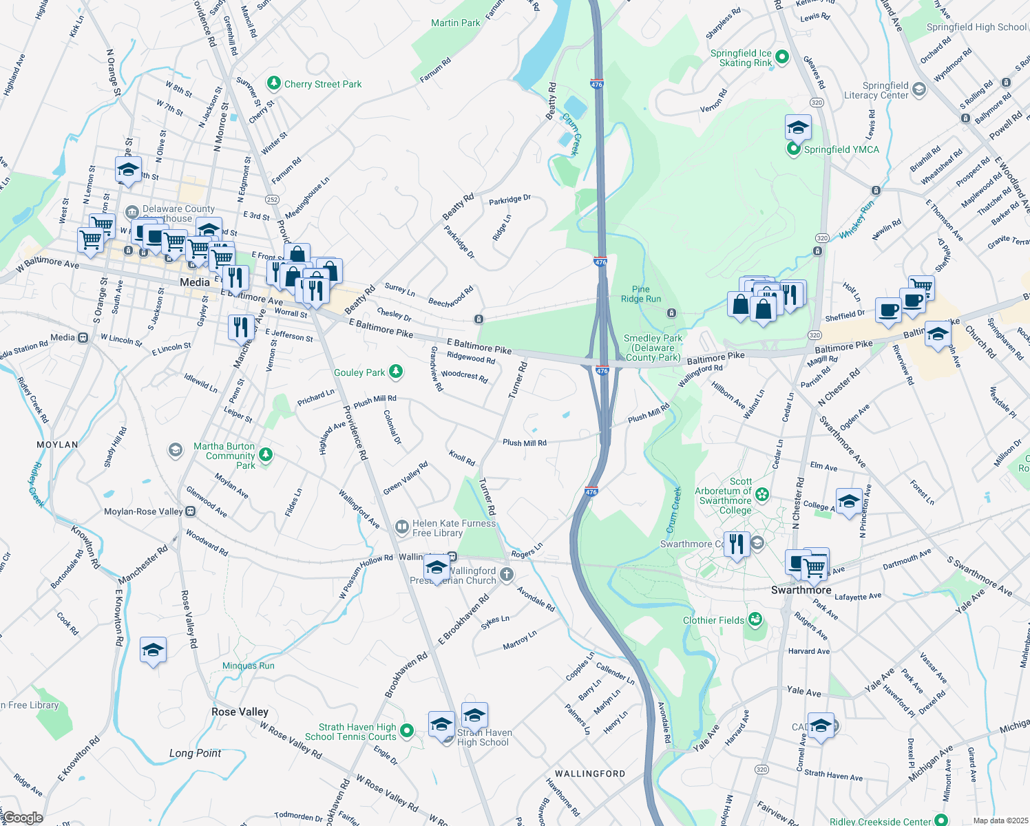map of restaurants, bars, coffee shops, grocery stores, and more near 398 Turner Road in Nether Providence Township