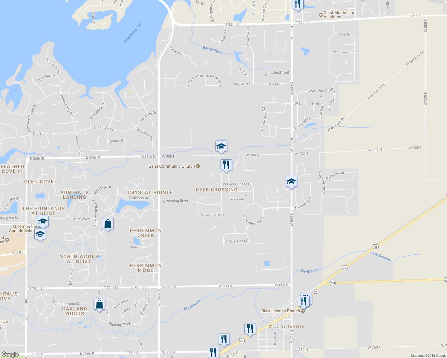map of restaurants, bars, coffee shops, grocery stores, and more near 8819 North Deer Crossing Boulevard in McCordsville