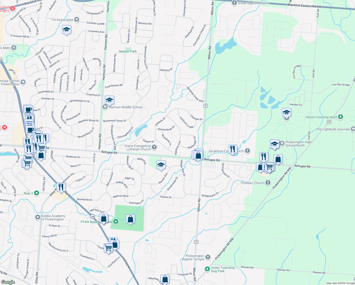 map of restaurants, bars, coffee shops, grocery stores, and more near 12137 Raintree Avenue in Pickerington