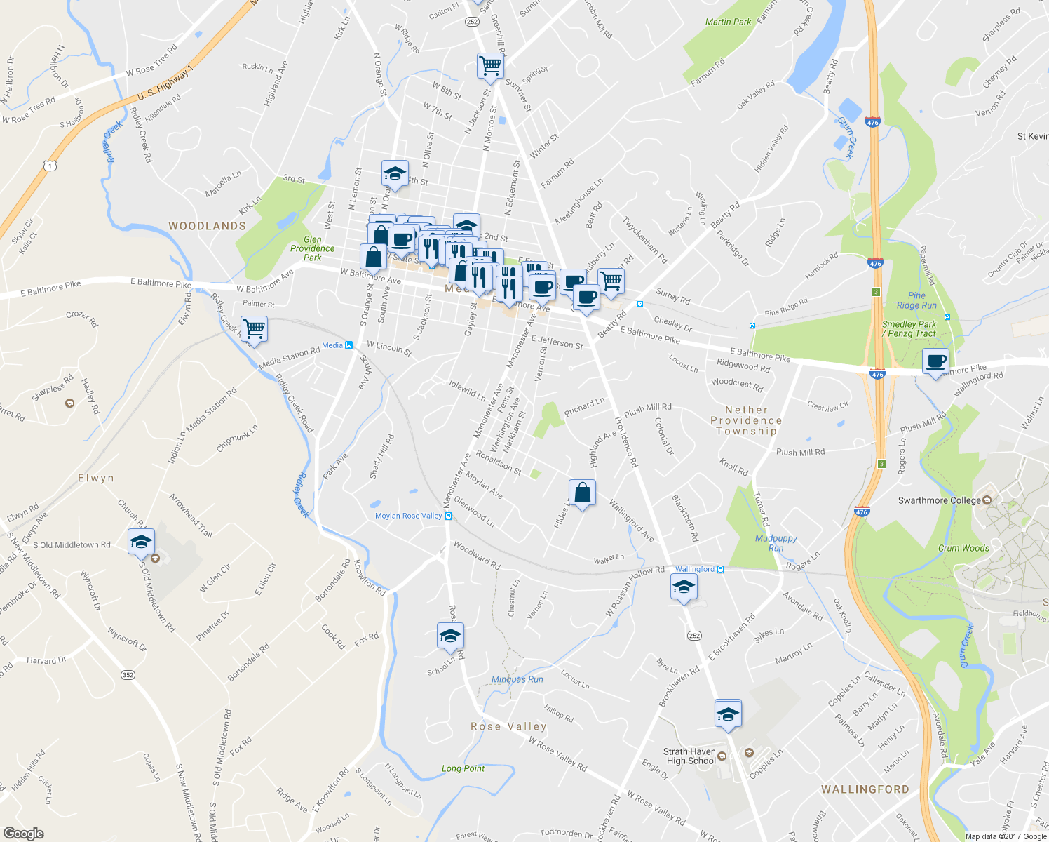 map of restaurants, bars, coffee shops, grocery stores, and more near 524 Vernon Street in Media
