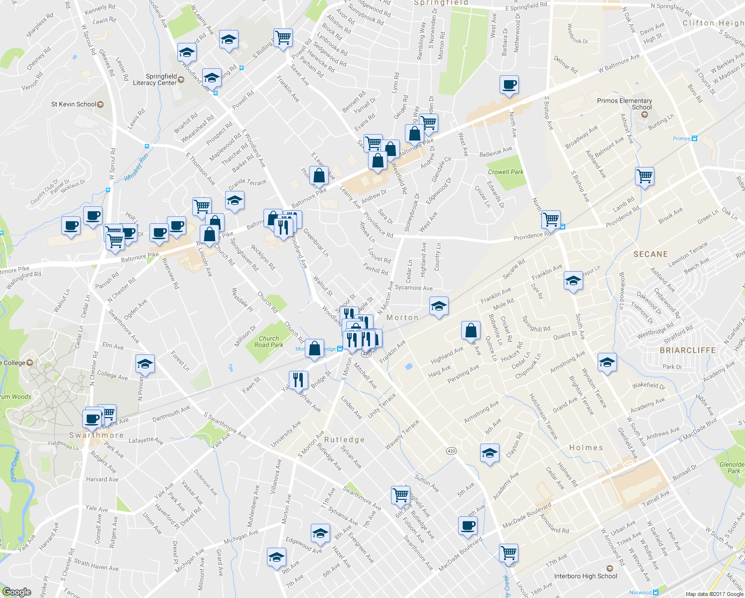 map of restaurants, bars, coffee shops, grocery stores, and more near 30 Baker Street in Morton