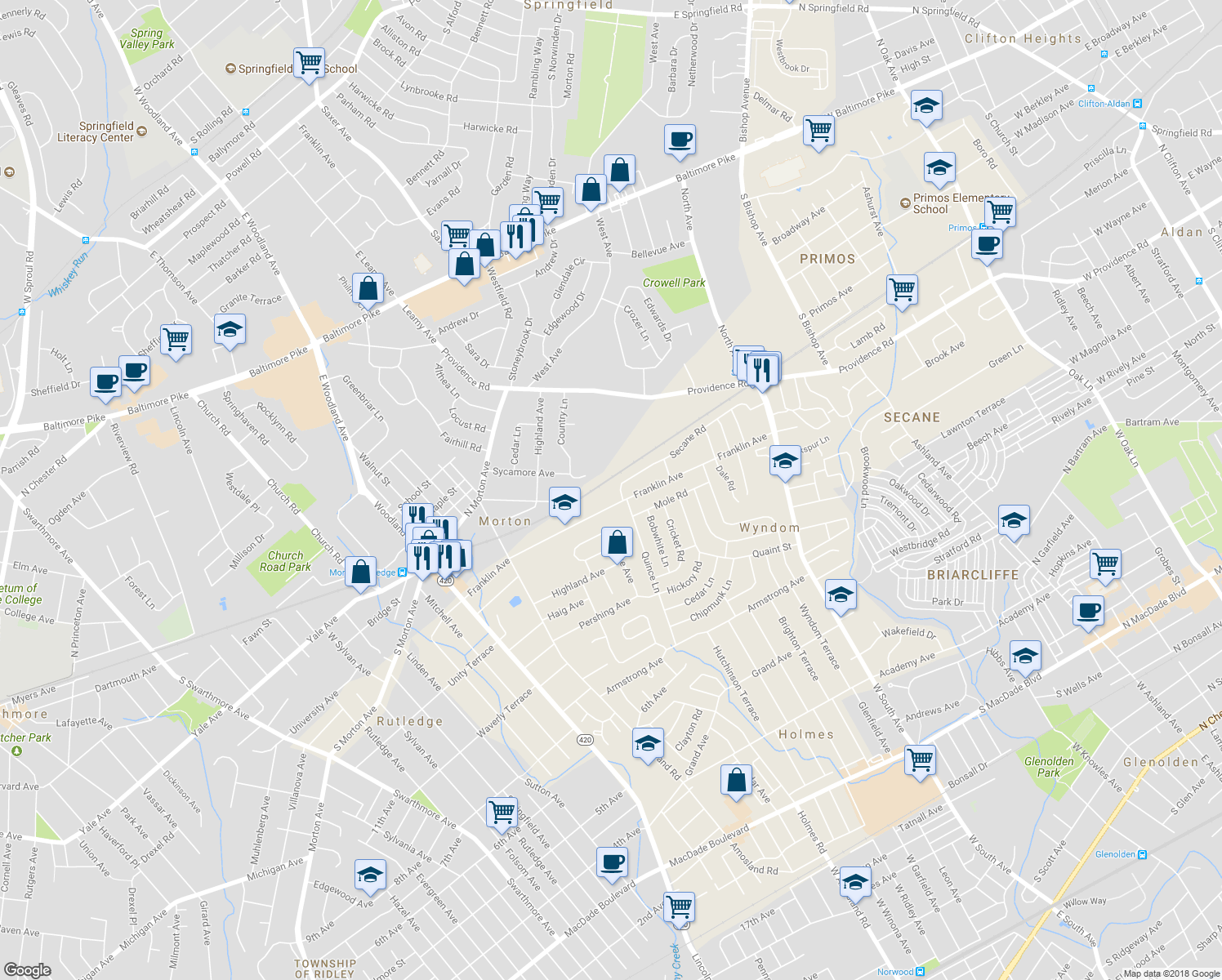 map of restaurants, bars, coffee shops, grocery stores, and more near 2307 Secane Road in Delaware County