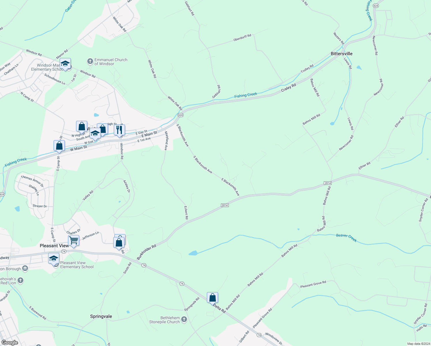 map of restaurants, bars, coffee shops, grocery stores, and more near 545 South Blacksmith Avenue in Windsor