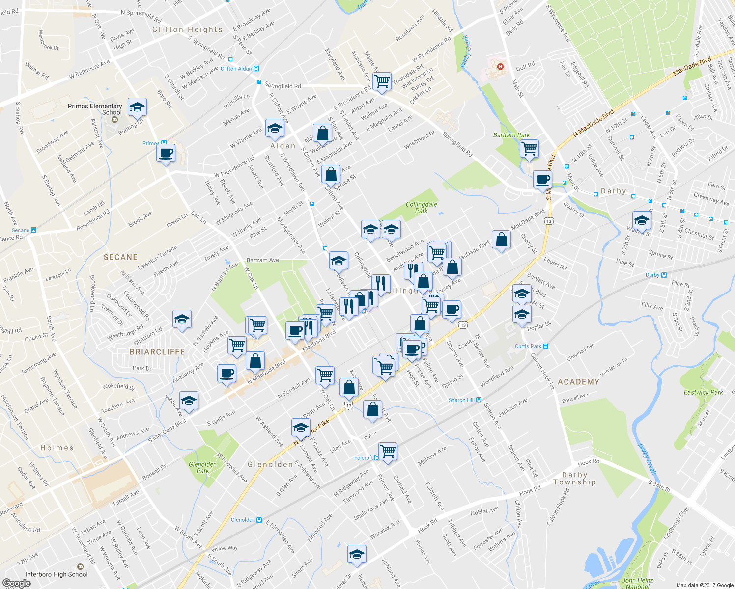 map of restaurants, bars, coffee shops, grocery stores, and more near 231 Blunston Avenue in Collingdale