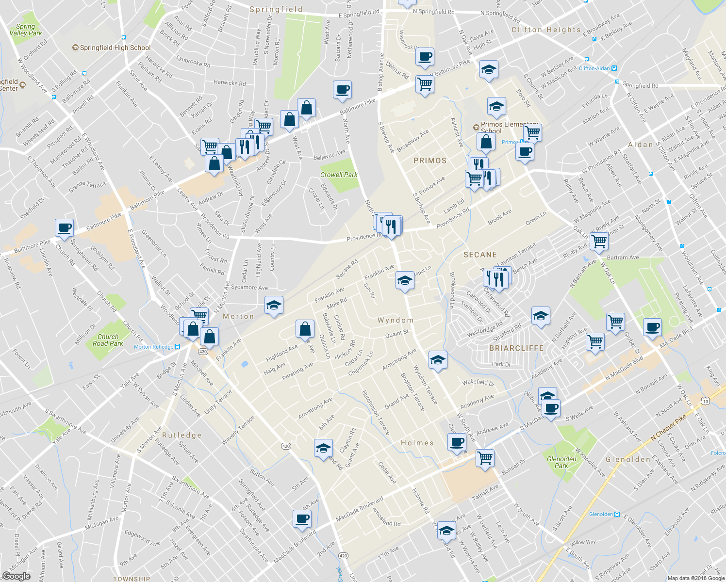 map of restaurants, bars, coffee shops, grocery stores, and more near 880 Wyndom Terrace in Delaware County