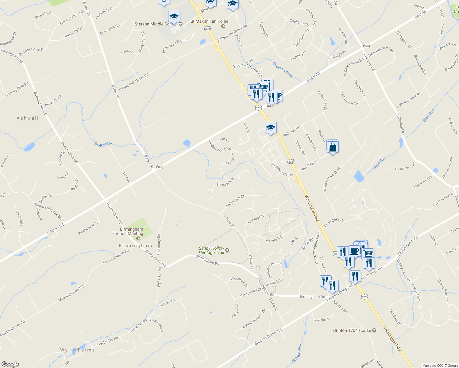 map of restaurants, bars, coffee shops, grocery stores, and more near 162 Sidesaddle Place in West Chester