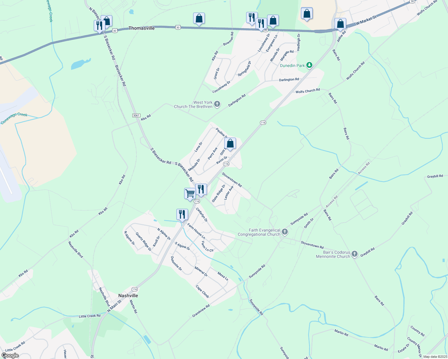 map of restaurants, bars, coffee shops, grocery stores, and more near 29 Pine Springs Boulevard in York