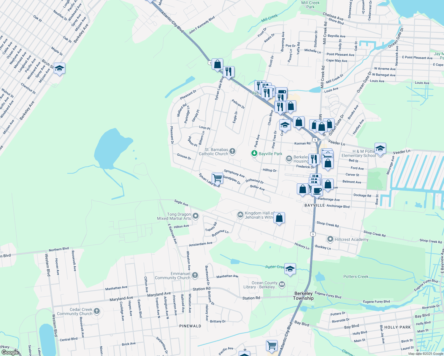 map of restaurants, bars, coffee shops, grocery stores, and more near 13 Symphony Avenue in Berkeley Township