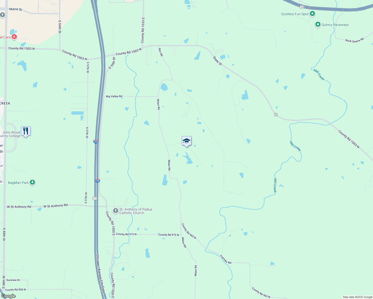 map of restaurants, bars, coffee shops, grocery stores, and more near 6724 Oak Ridge Lane in Quincy